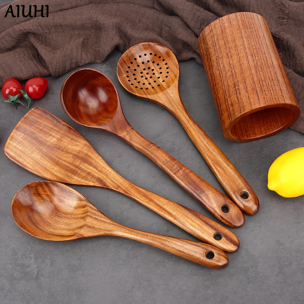 Set of 5 Wooden Kitchen Utensils with Holder, Premium Cooking Spoons and Tools