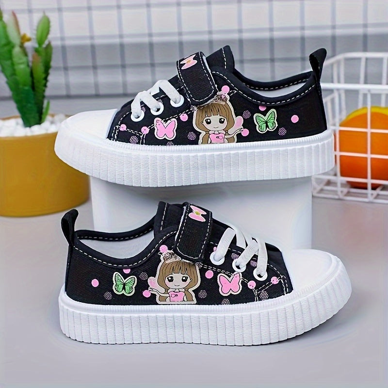 Girls' Canvas Sneakers Pink Black Butterfly Girl Low Top Breathable Casual Shoes