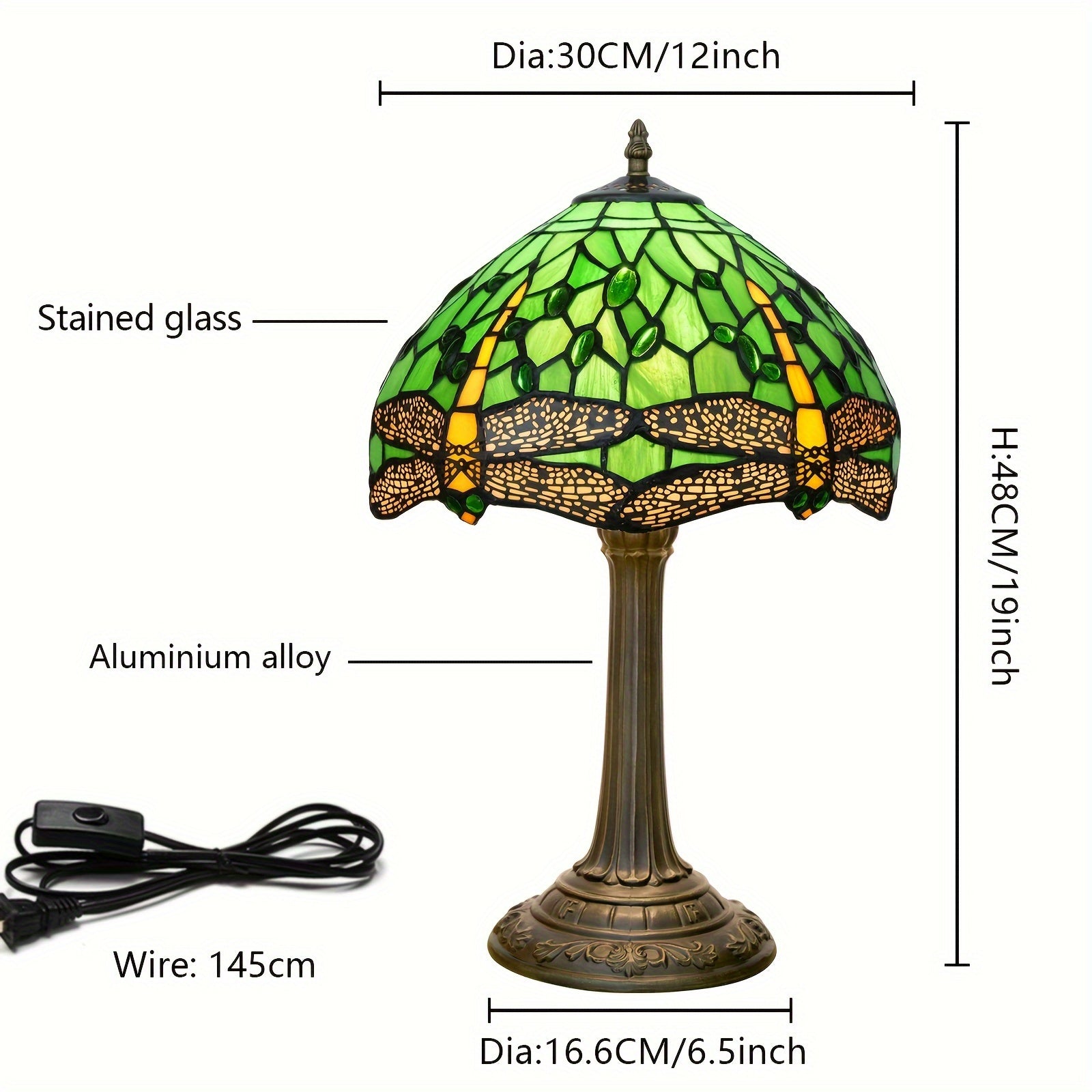12-Inch Glass Desk Lamp with Green Dragonfly Pagoda Shade and Antique Metal Finish