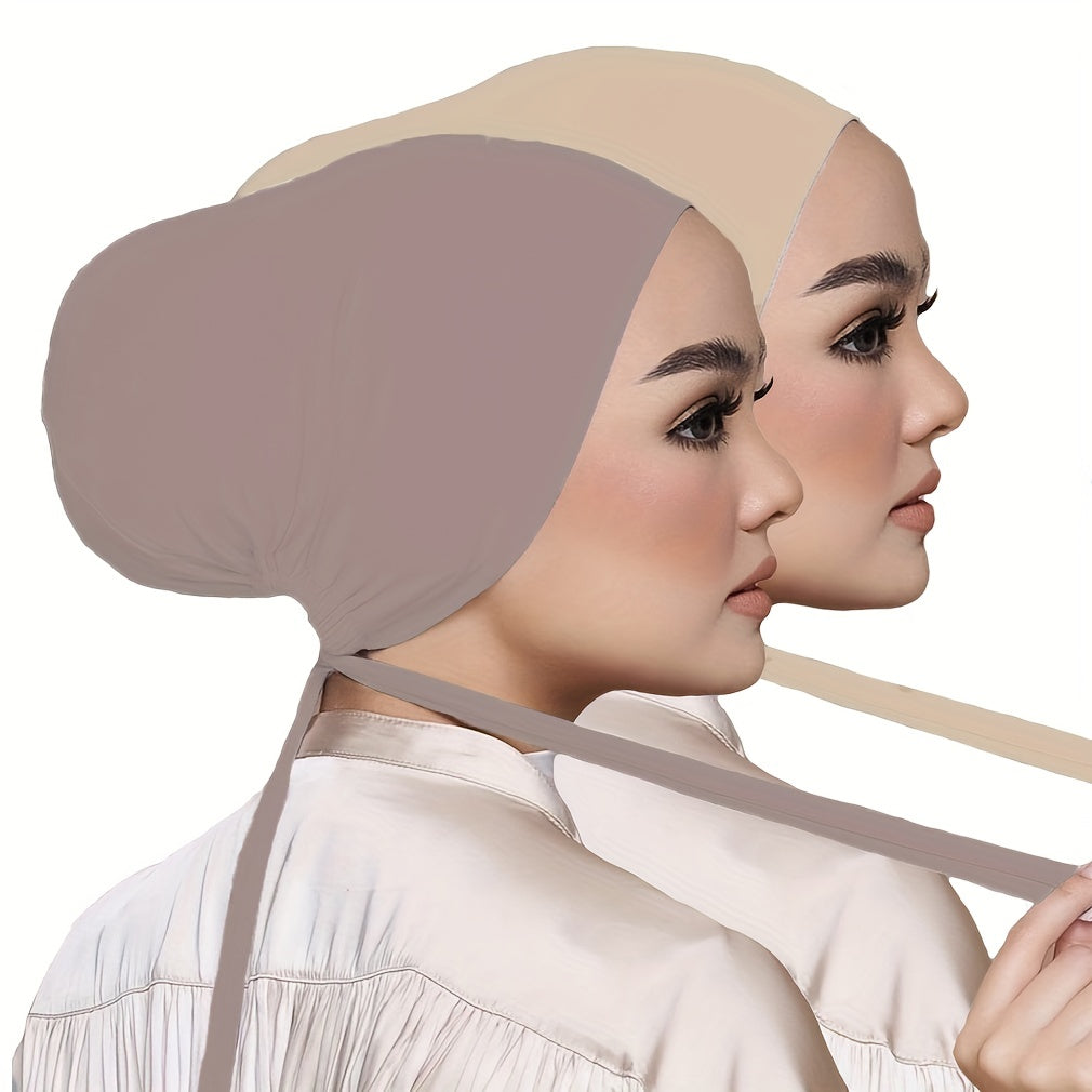 Set of 2 Solid Color Tied Back Undercaps with Elastic Inner Hijab Caps for Women