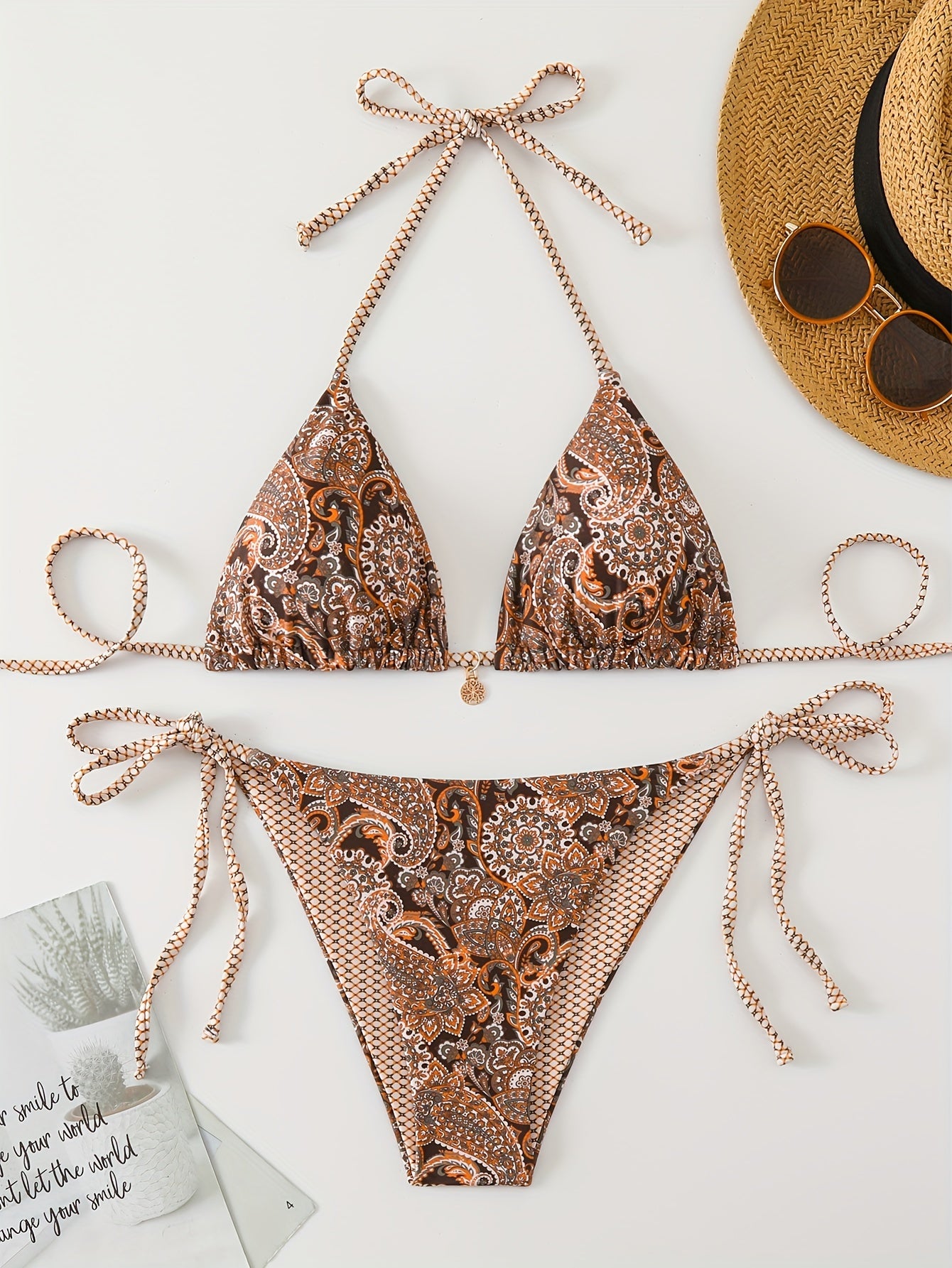 Women's Bikini Set with Random Print Halter Neck and Side Laced Bottom