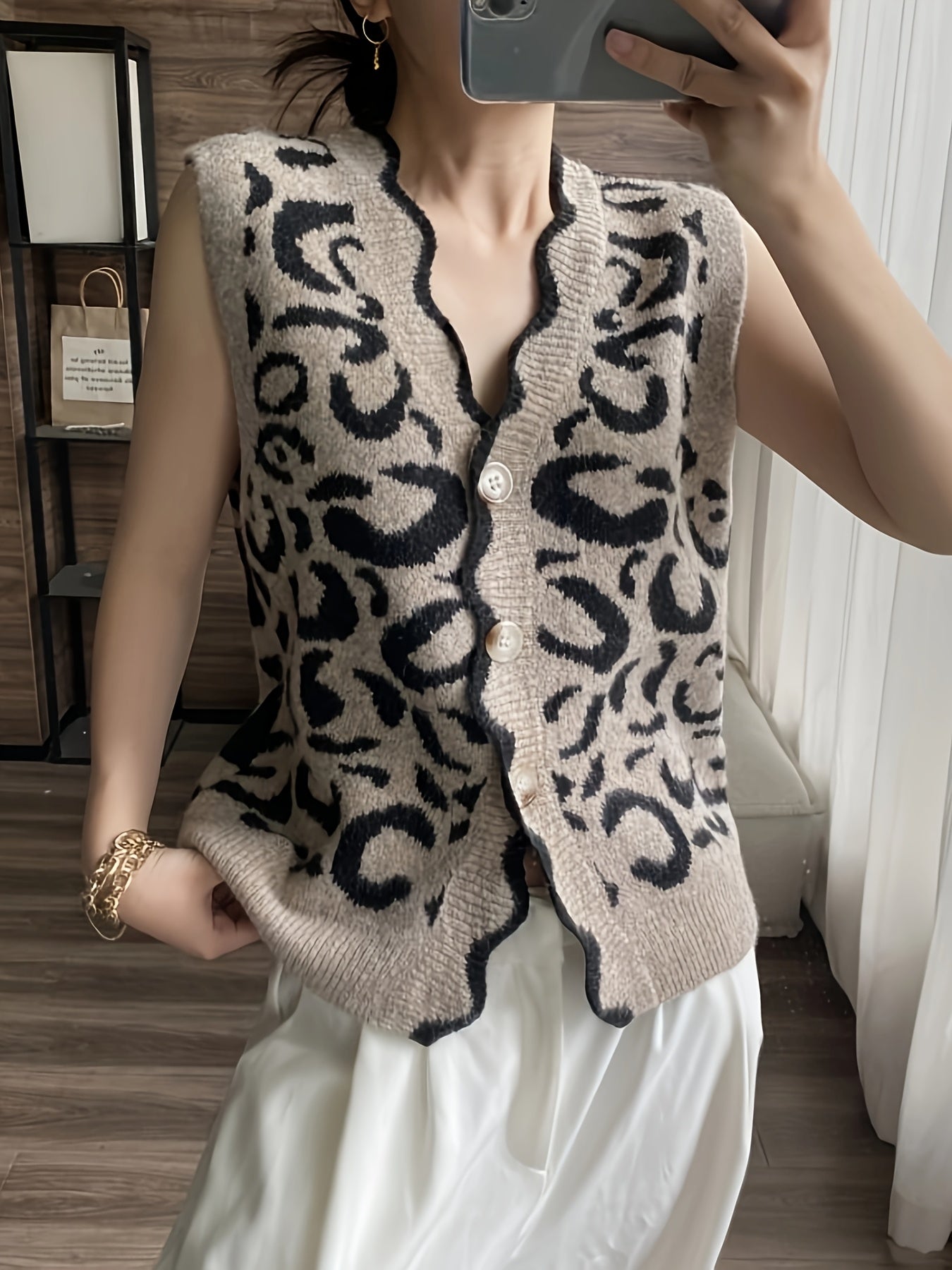 Plus Size Women's Knit Vest Leopard Print V-Neck Loose Fashion