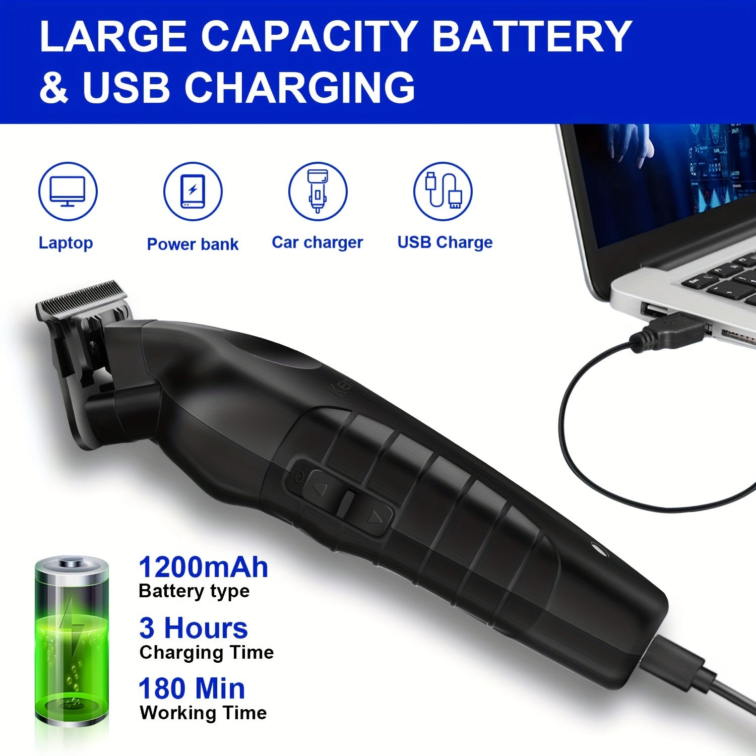 Kemei KM-2299 Professional Soch Qirqish Mashinalari, USB orqali zaryadlanadigan litiy batareyasi, Salon sifatida uslublash uchun moyli bosh o'yma qaychisi.