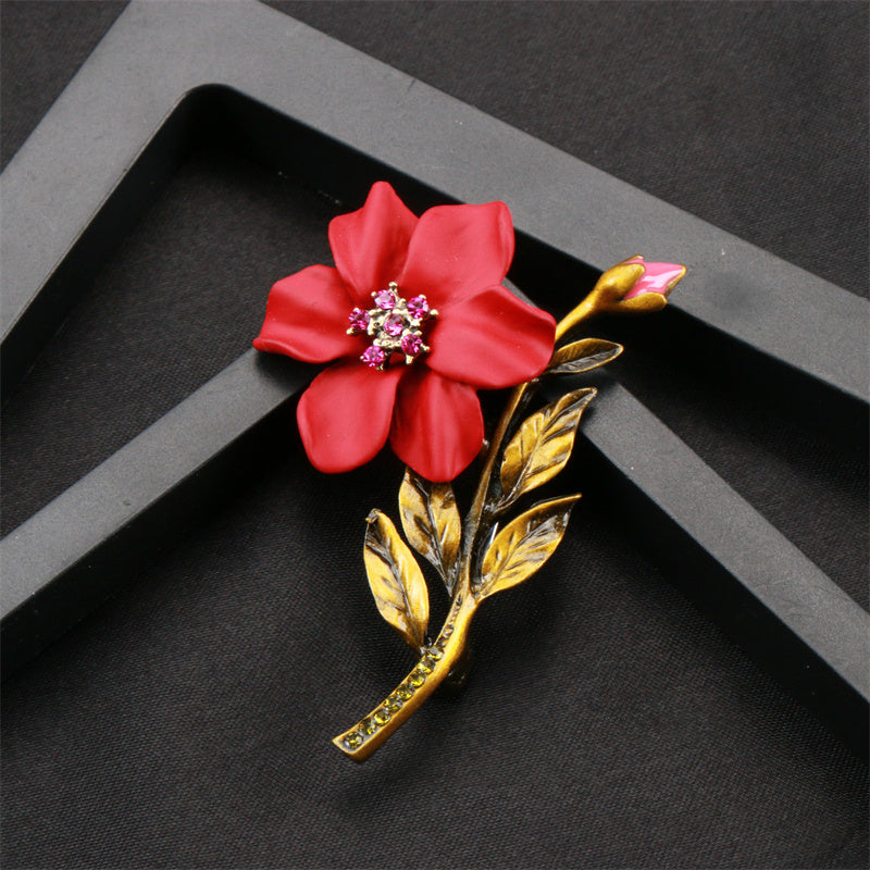 Elegant Red Enamel Floral Brooch Pin with Green Accent for Gifts and Celebrations