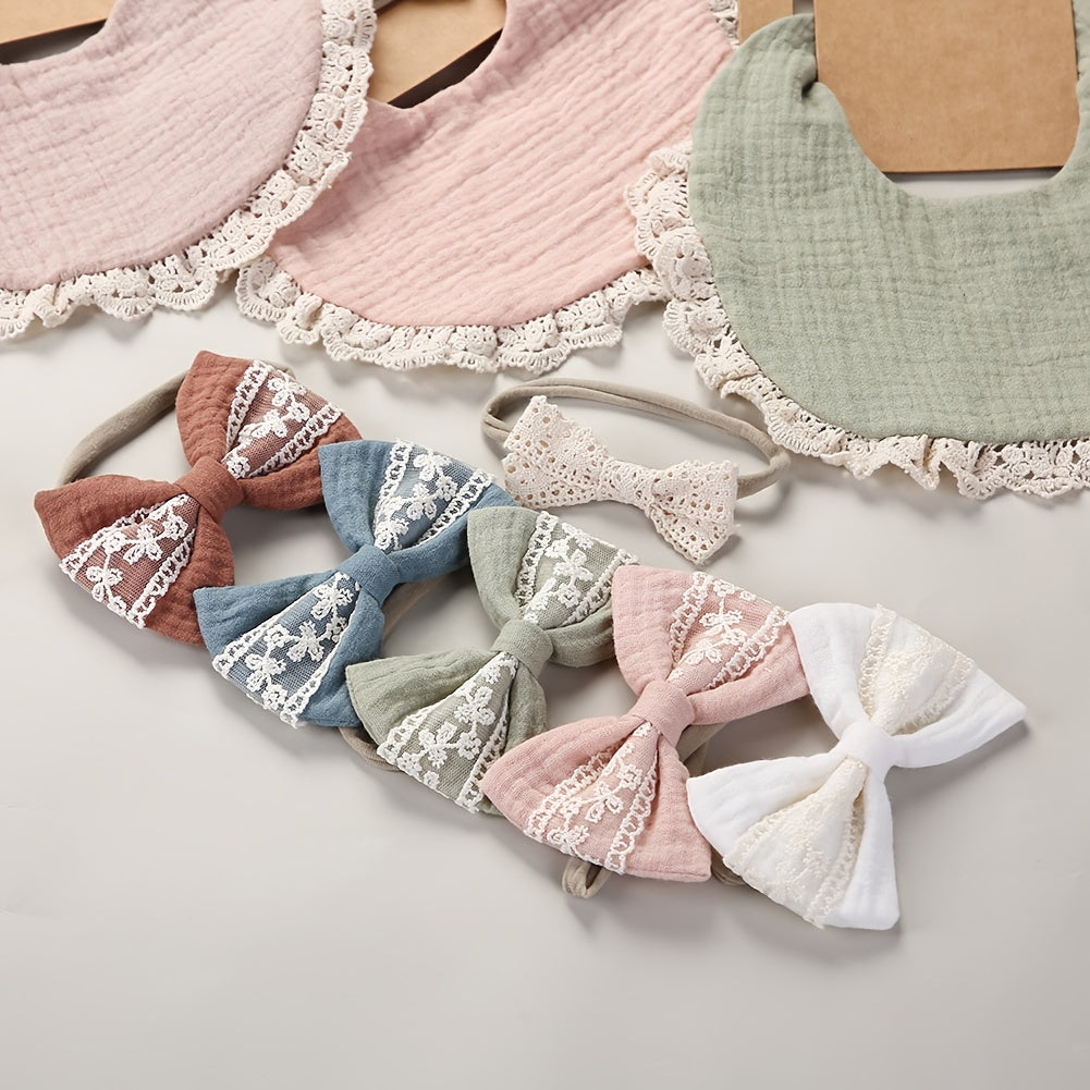 Baby Headbands and Bibs Set of Two with Stain-Resistant Baby Bib and Lace Bow Headband