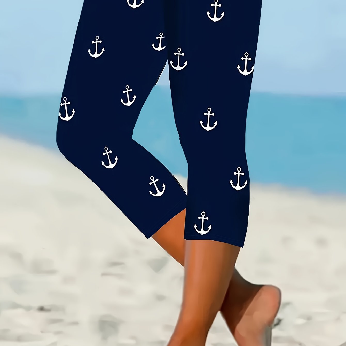 Women's Plus Size Nautical Anchor Print Capri Pants Navy White Geometric Mid-Stretch