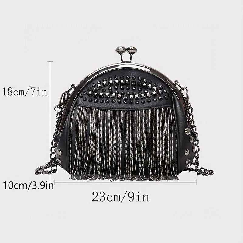 Women's PU Kiss Lock Handbag with Rivets Tassel Decor and Shoulder Chain