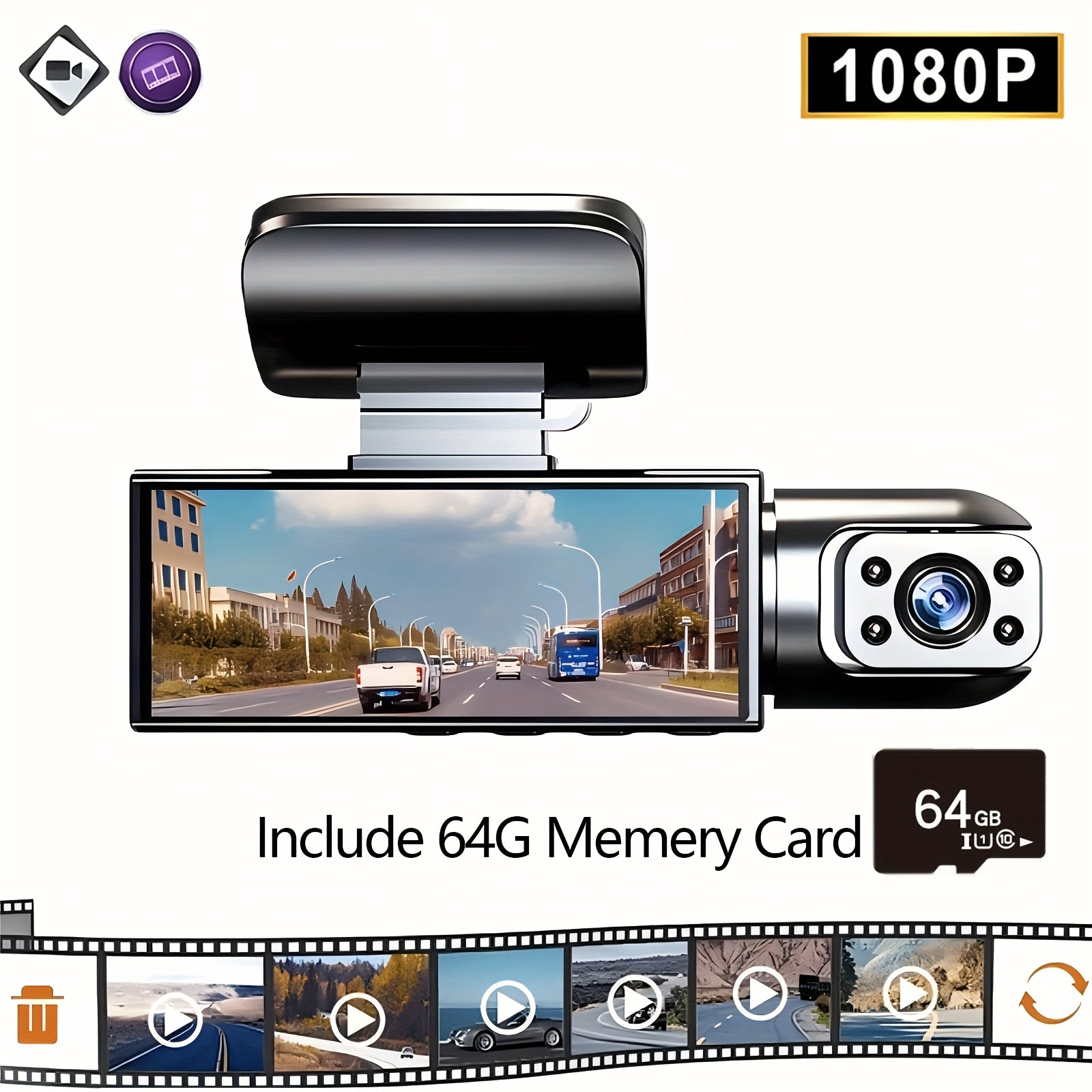 Cámara de tablero para coche con doble lente 1080P, sensor de gravedad, grabación en bucle de 64GB, batería de 12 horas