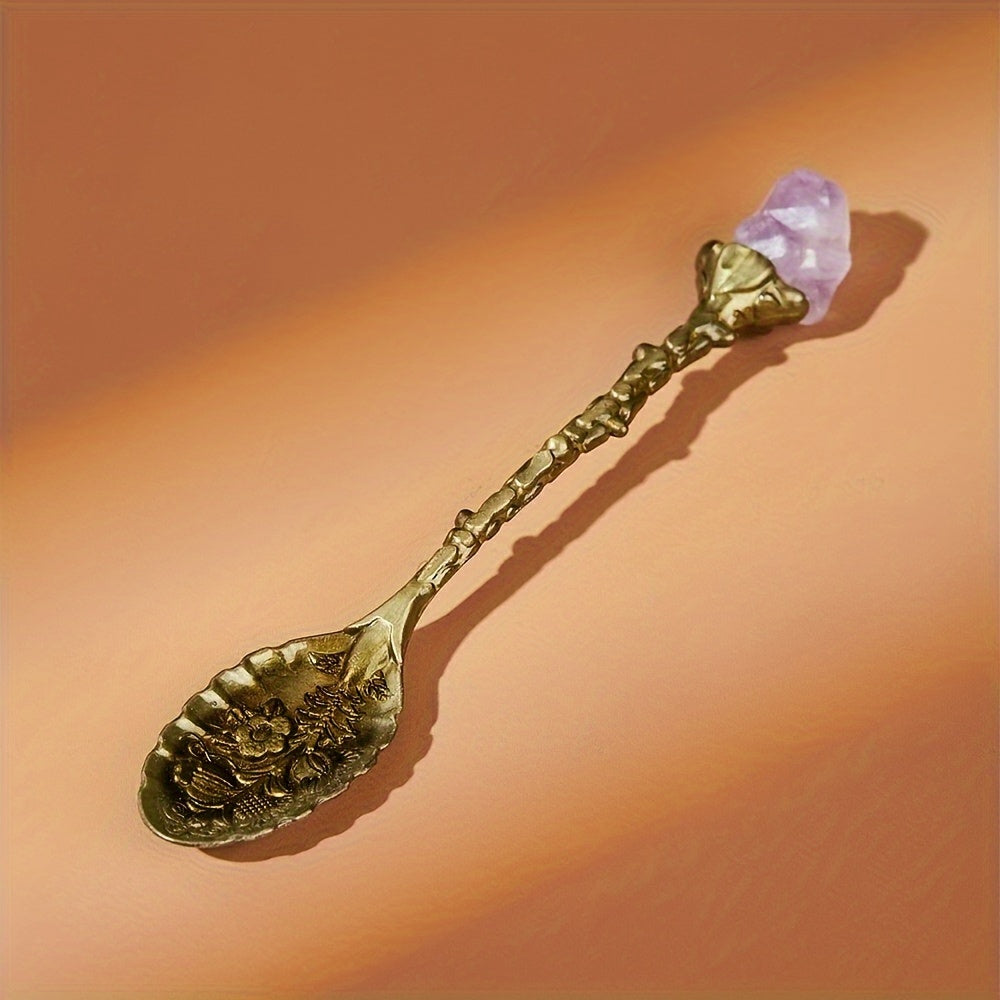 Set of Four Natural Amethyst Spoons with Tooth Flower Pattern for Desserts and Coffee