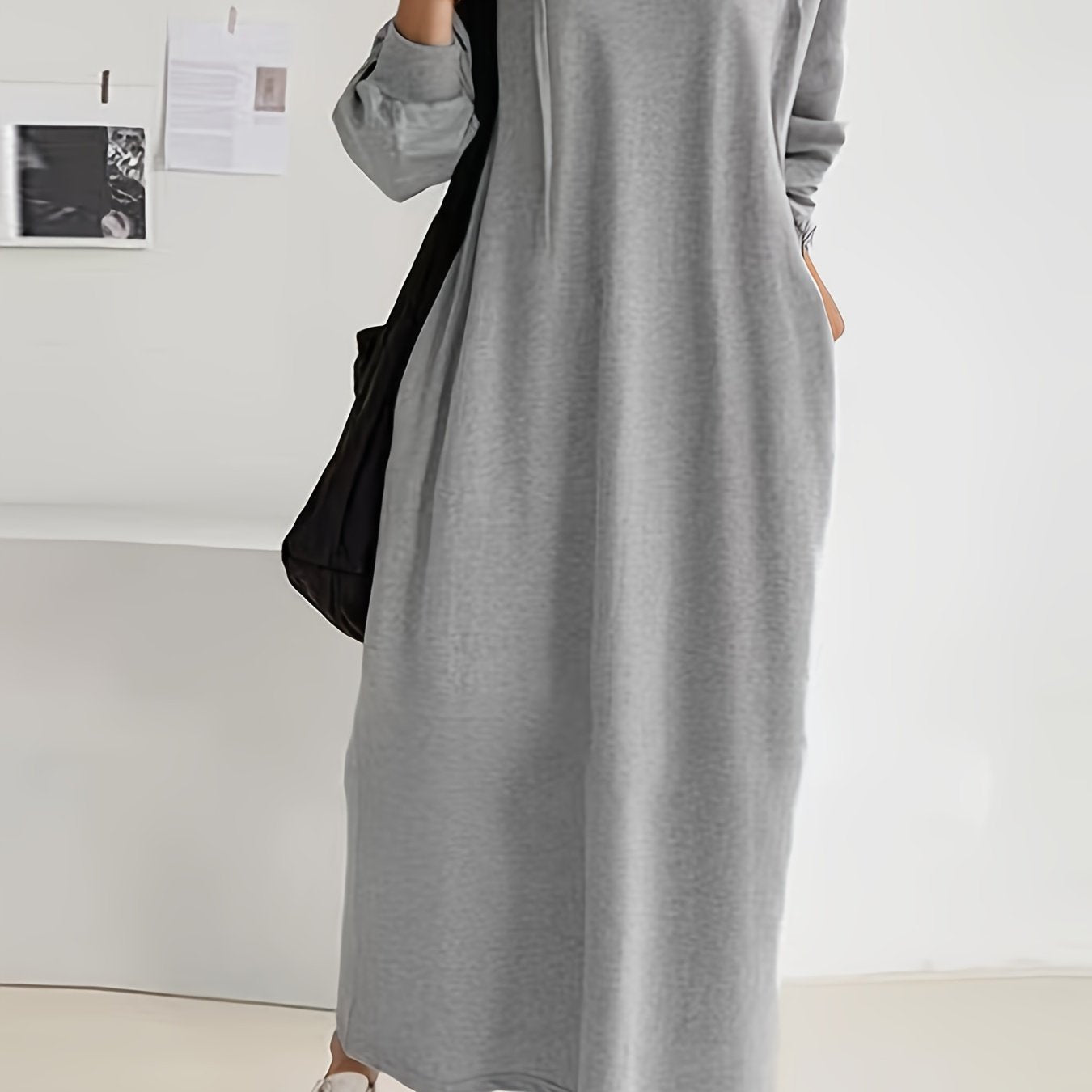Plus Size Solid Drawstring Hooded Maxi Dress for Fall Winter Casual Women