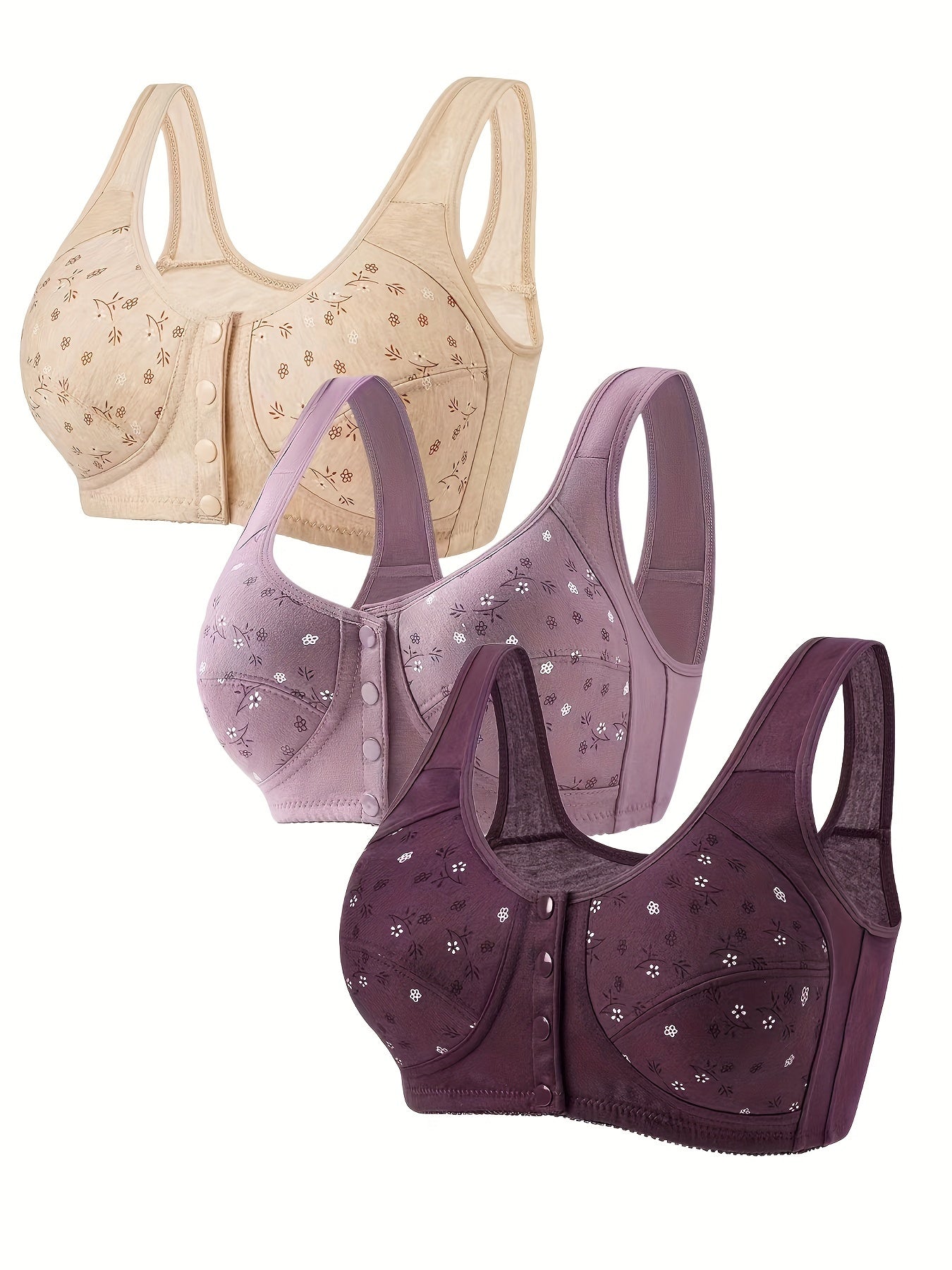 Set of 3 Floral Print Wireless Bras for Women Comfortable Breathable Front Closure