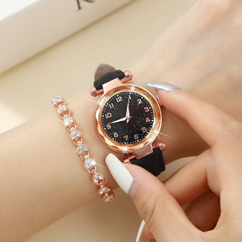 Women's 2-Piece Watch and Bracelet Set Casual Quartz Faux Leather Gift for Mom