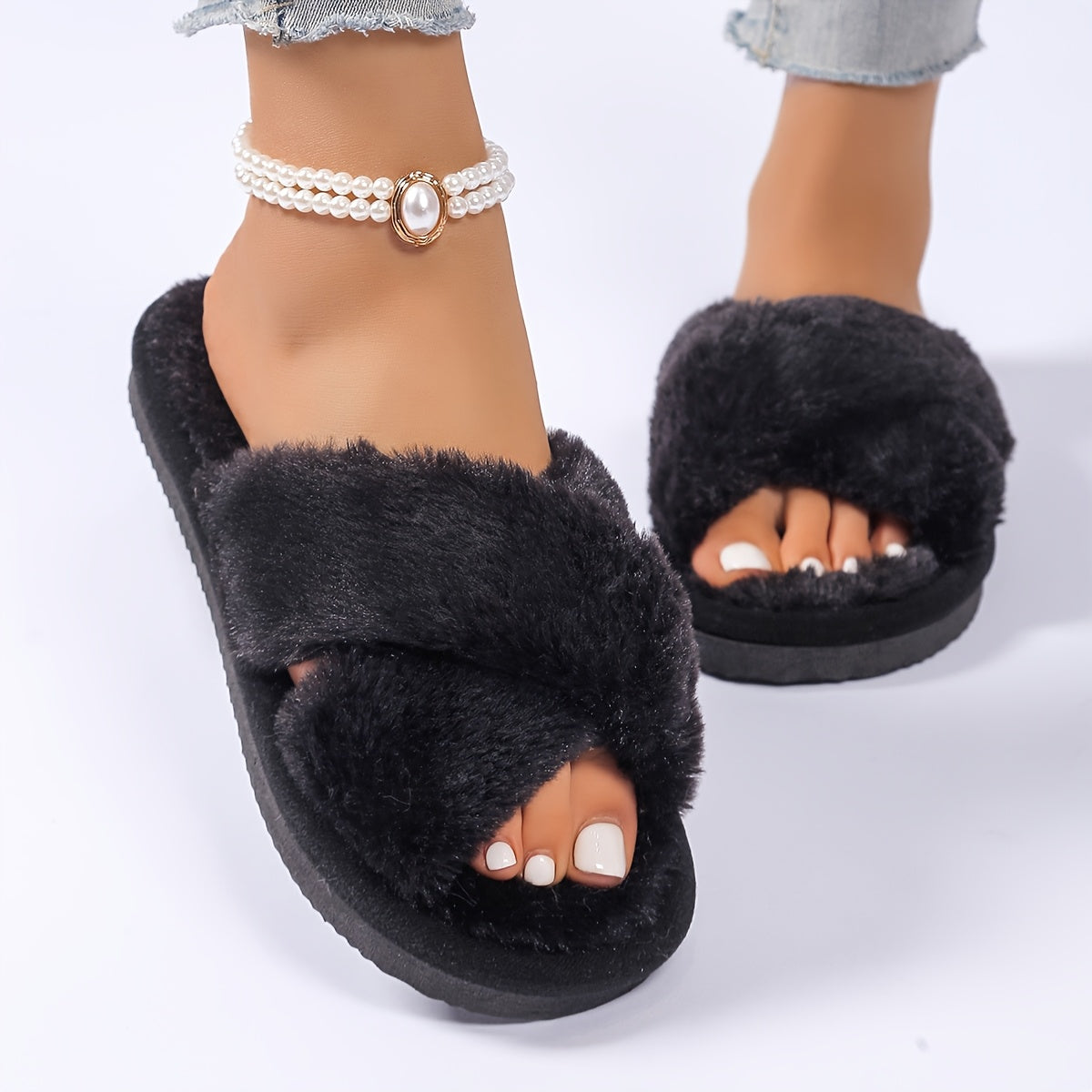 Women Plush Home Slippers All-Season Cross-Strap Black White