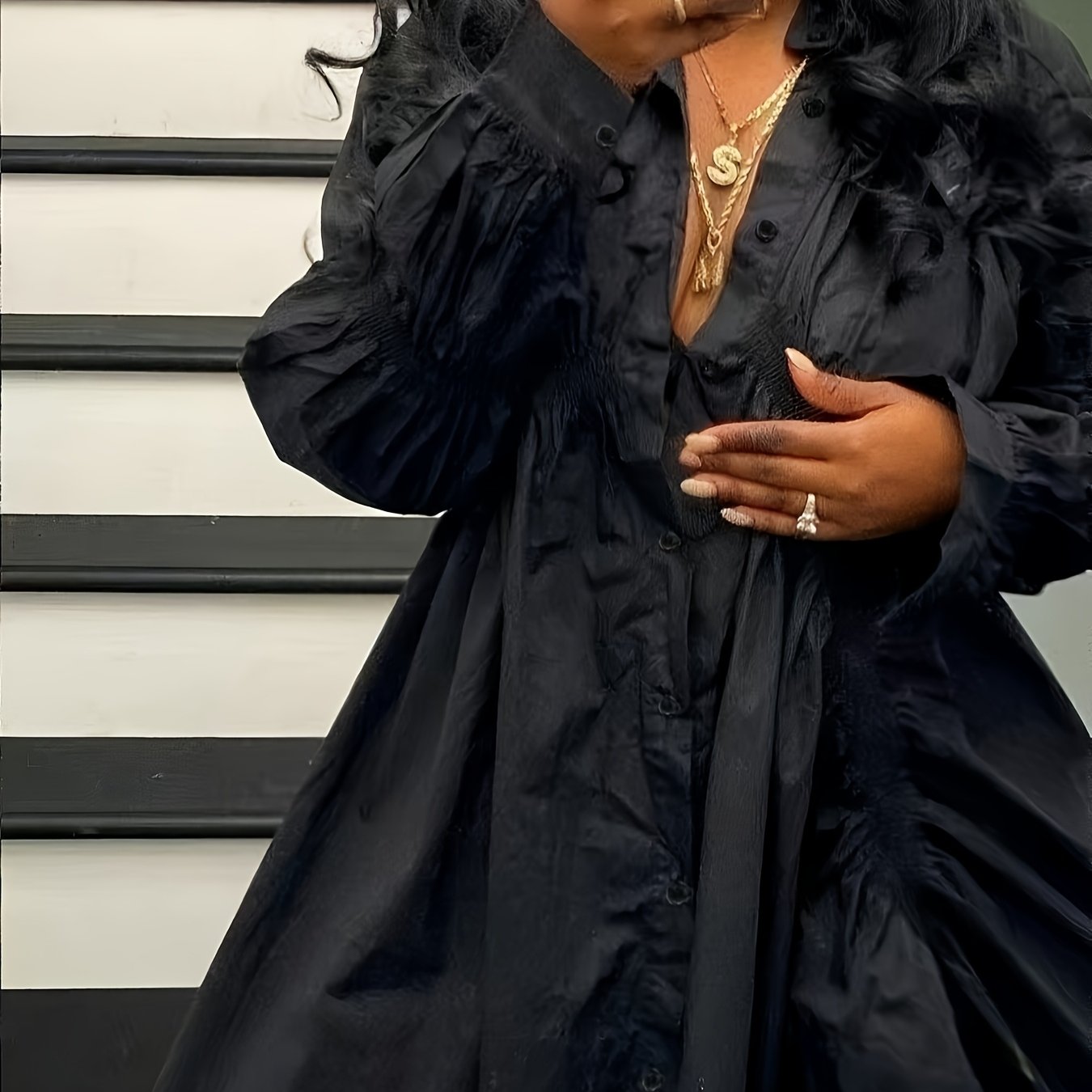 Plus Size Women's Casual Semi-Sheer Shirt Dress with Ruffled Sleeves