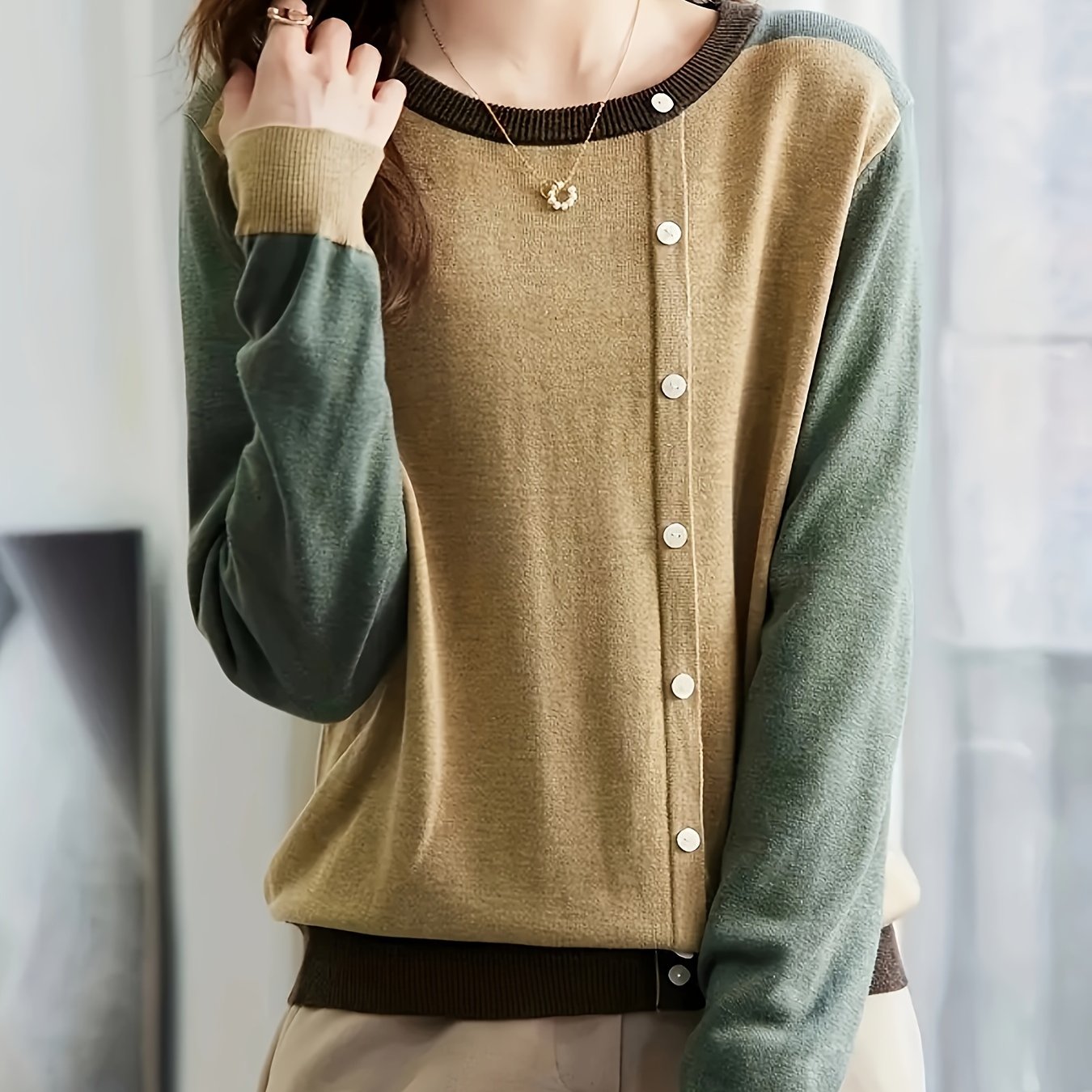 Plus Size Women Color Block Crew Neck Sweater Long Sleeve Knitted Pullover