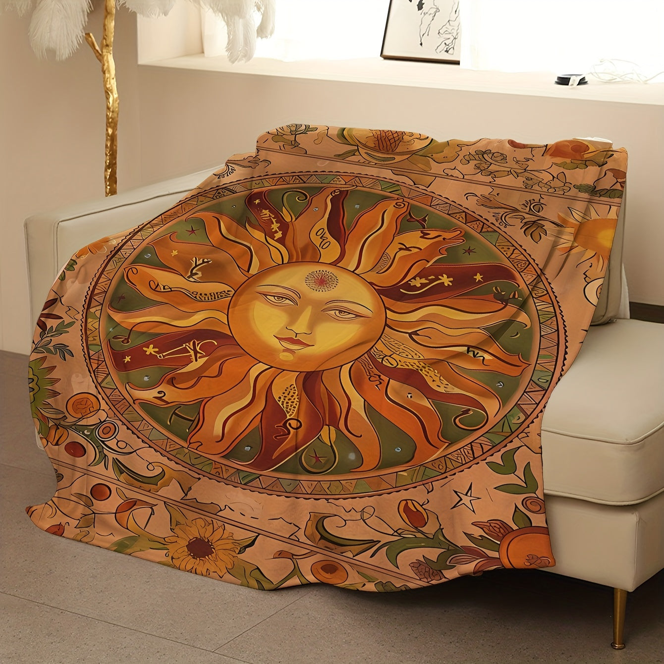 Sun Pattern Print Throw Blanket with Abstract Design Soft Plush Polyester for Sofa Bed Travel