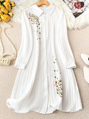 Plus Size Women's Dress with Floral Embroidery Long Sleeves Wave Stripe Design