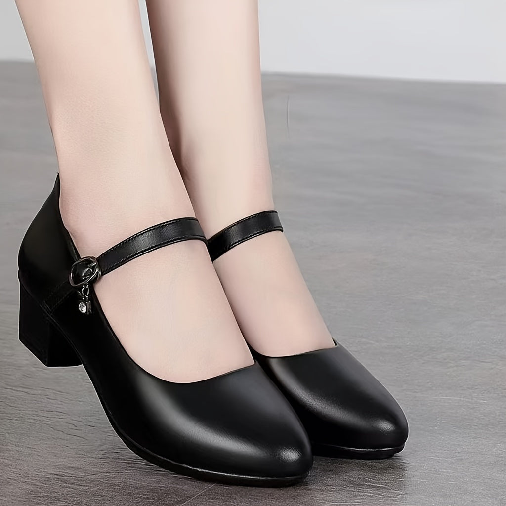 Women's Solid Color Chunky Block Heels with Pointed Toe and Buckle Strap