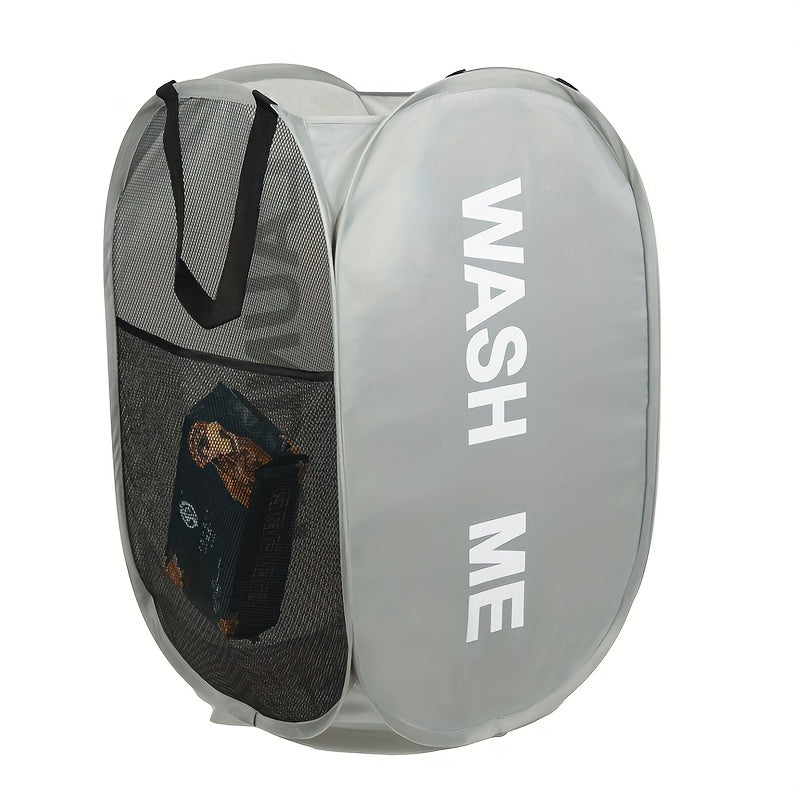 Gray Foldable Laundry Basket with "Wash Me" Print, Multi-Compartment, Portable