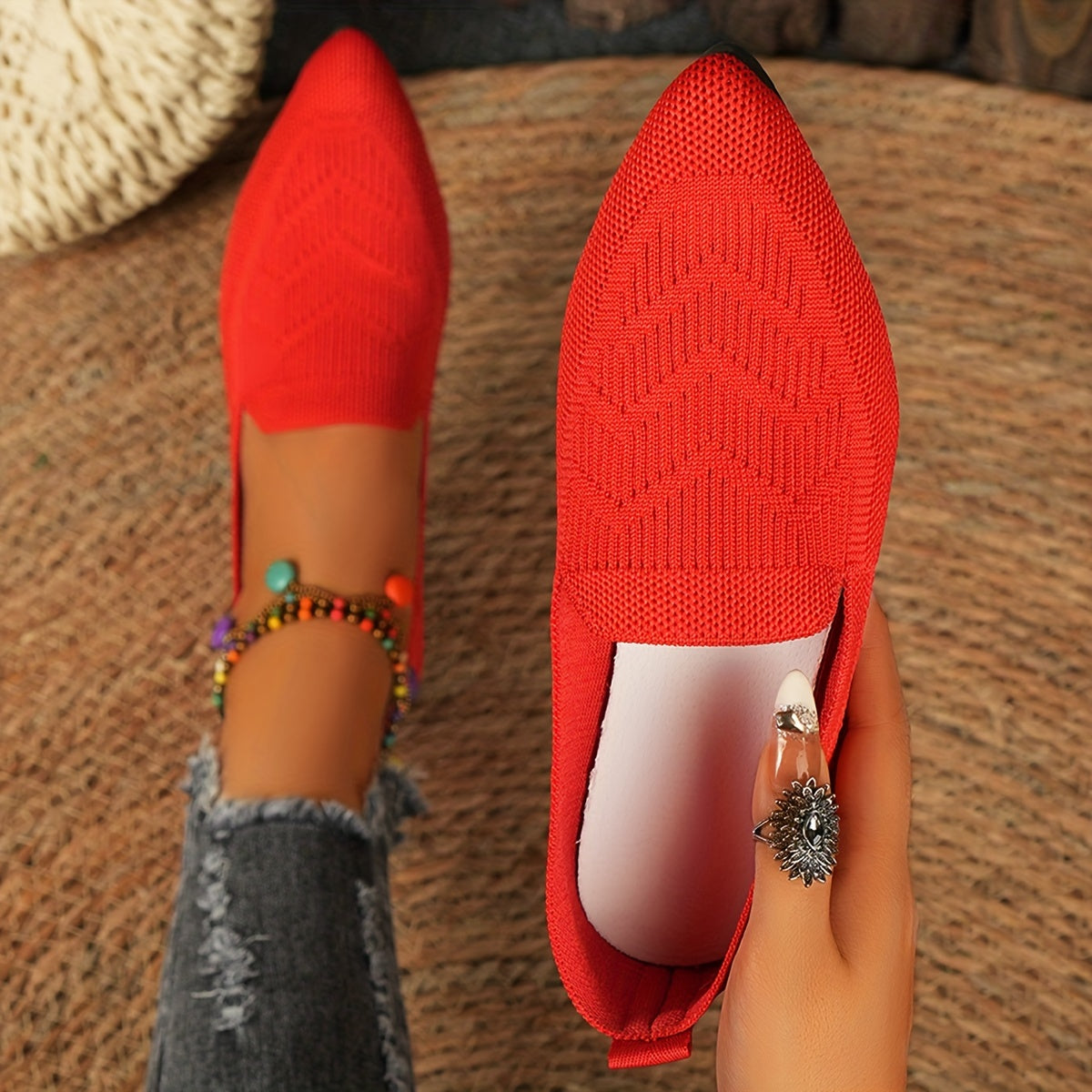 Women's Breathable Slip-On Mary Jane Flats with Fabric Upper and Rubber Sole