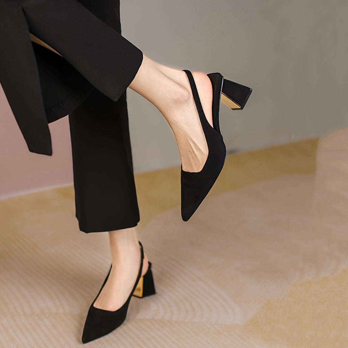 Women's Pointed Toe Block Heel Pumps with Fabric Upper and Rubber Sole
