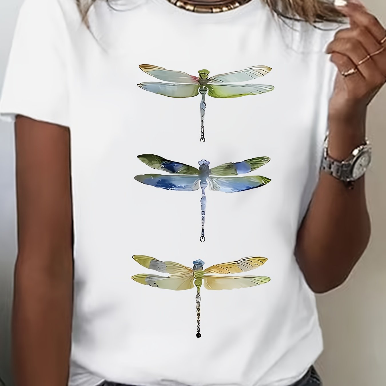 Women's White Short Sleeve Shirt with Colorful Dragonfly Print