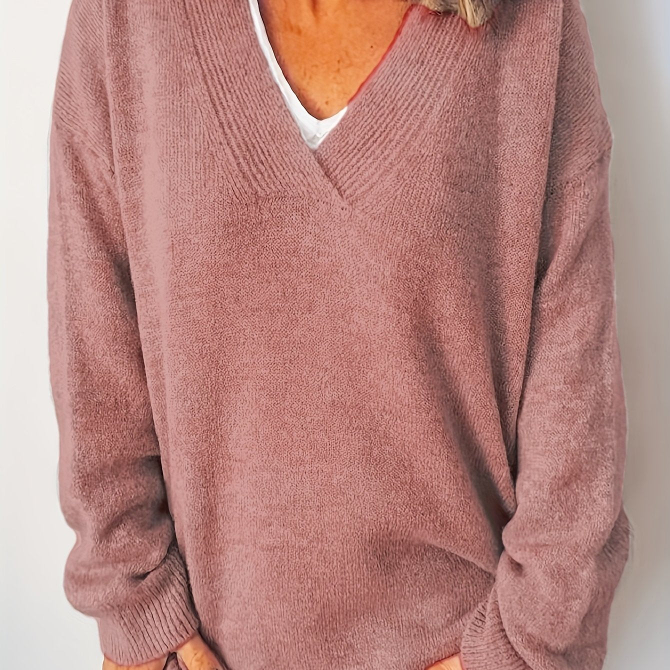 Plus Size Women's Navy Blue V-Neck Sweater Cozy Fall Winter Pullover