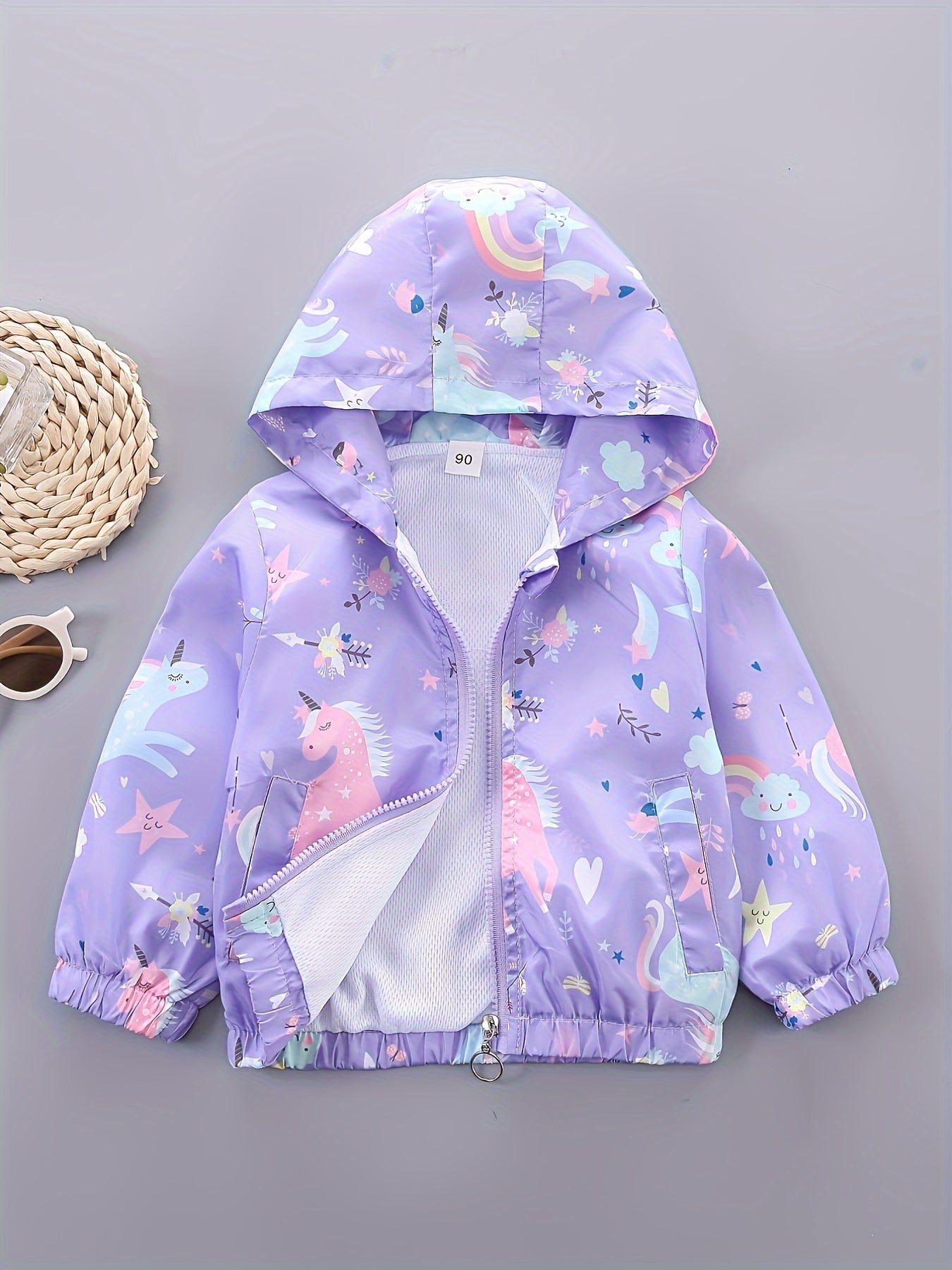 Girls' Polyester Hoodie Jacket with Cartoon Horned Horse and Flowers Pattern for Girls 12 and Under