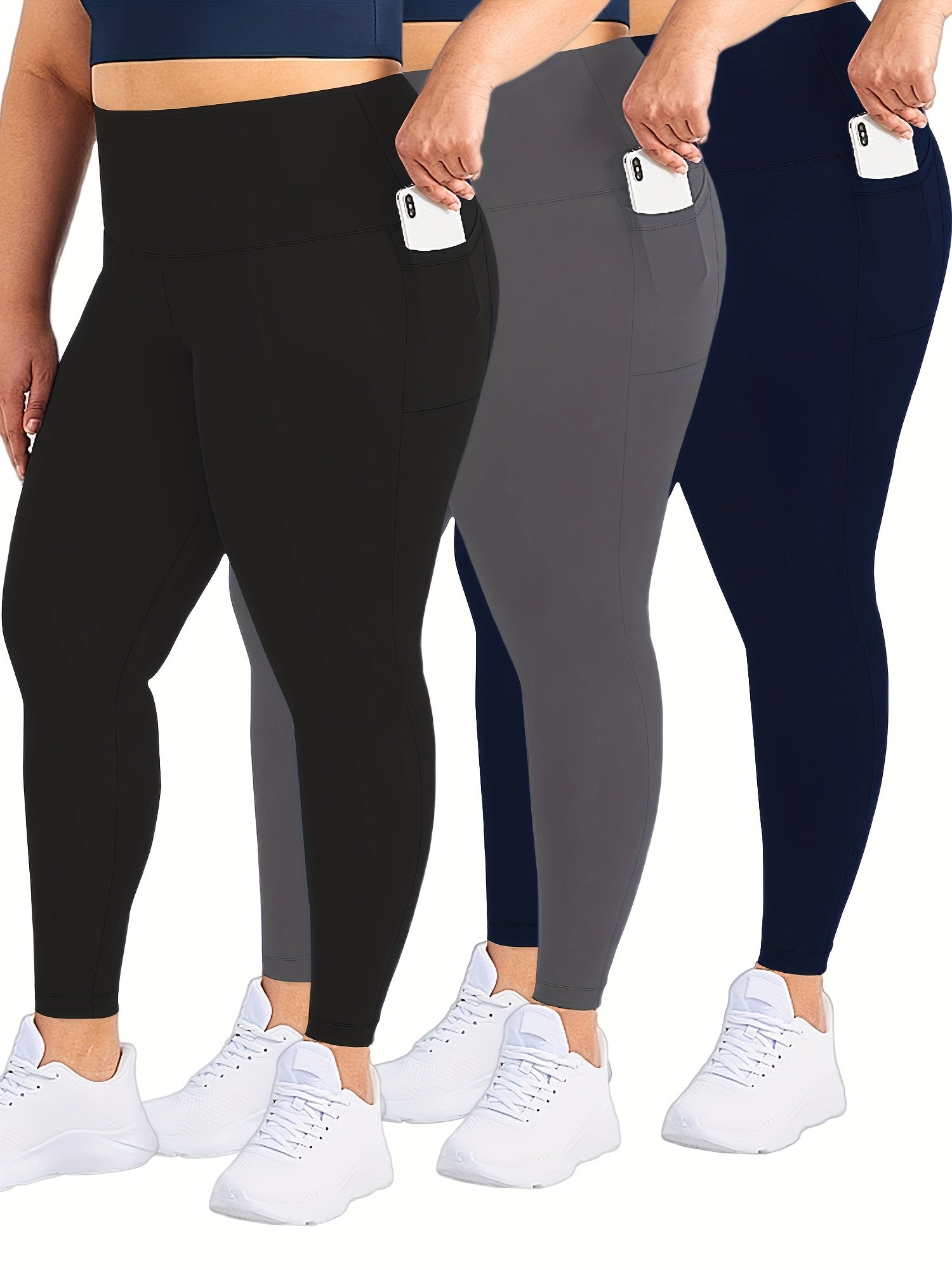 Plus Size Womens Black Pockets High Waisted Tummy Control Leggings Set