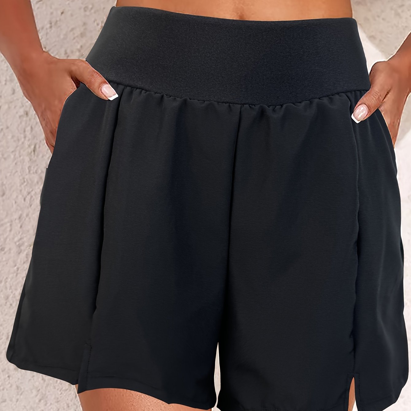 Women's High-Waist Swim Shorts Solid Nylon Spandex Non-See-Through Pockets