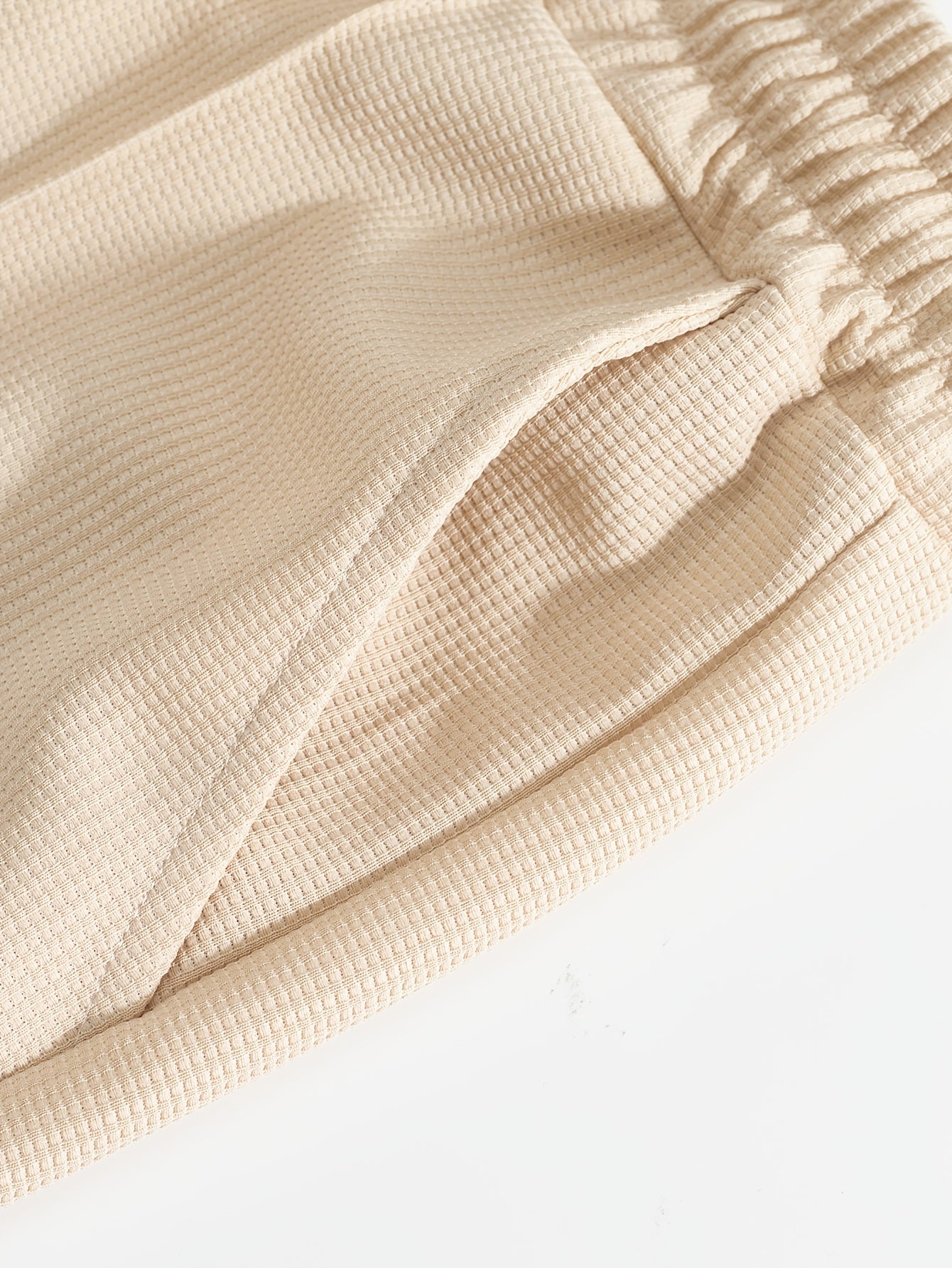 Men's Casual Outfit Waffle Knit Short Sleeve Zip-Up Shirt and Drawstring Pants Black Polyester Blend Summer