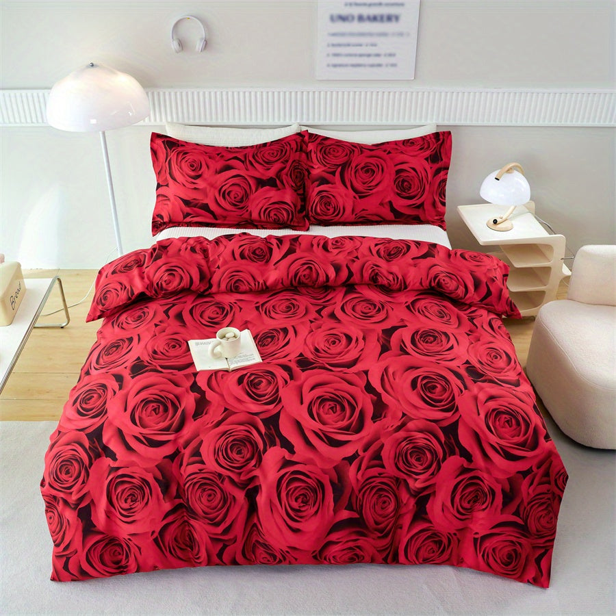 Set of 3 Red Rose Print Duvet Covers Bedding Set with Pillowcases for All Seasons