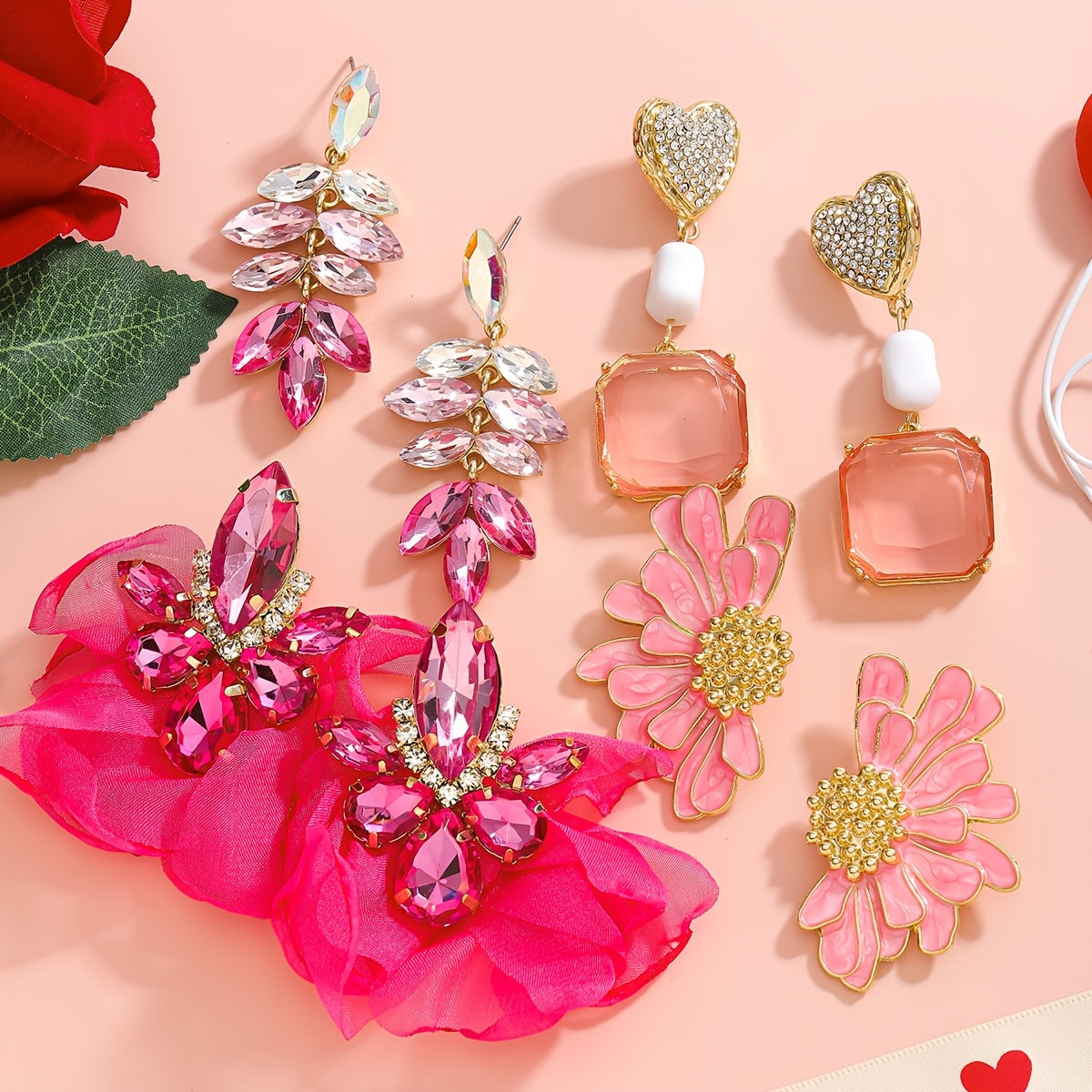 Pink Heart Rhinestone Earrings Floral Drop Jewelry for Women