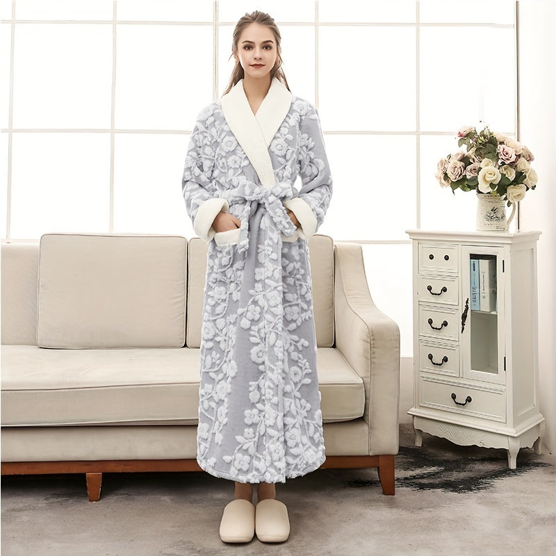 Unisex Thickened Long Bathrobe with Flower Pattern for Home and Bathroom Use