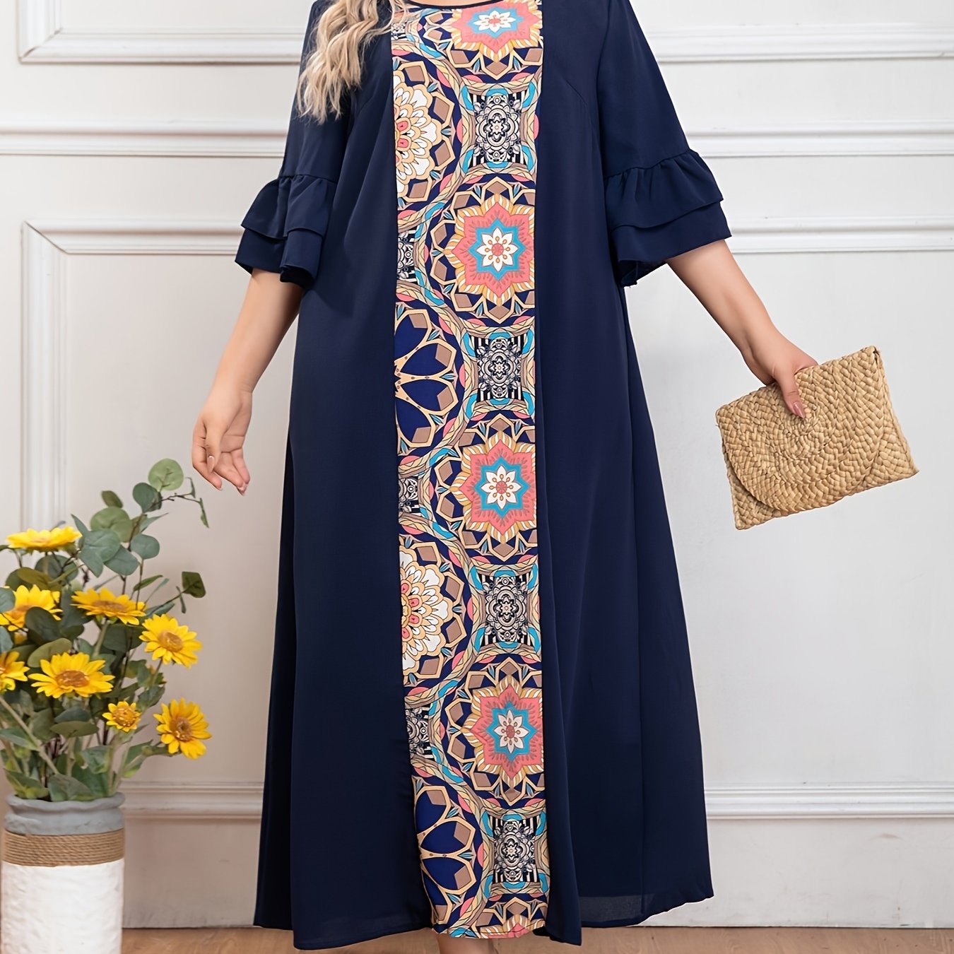 Plus o'lcham ayollar uchun erkin fitli krepe kiyi bilan yorqin bosma, barcha mavsumlar uchun qulaylik