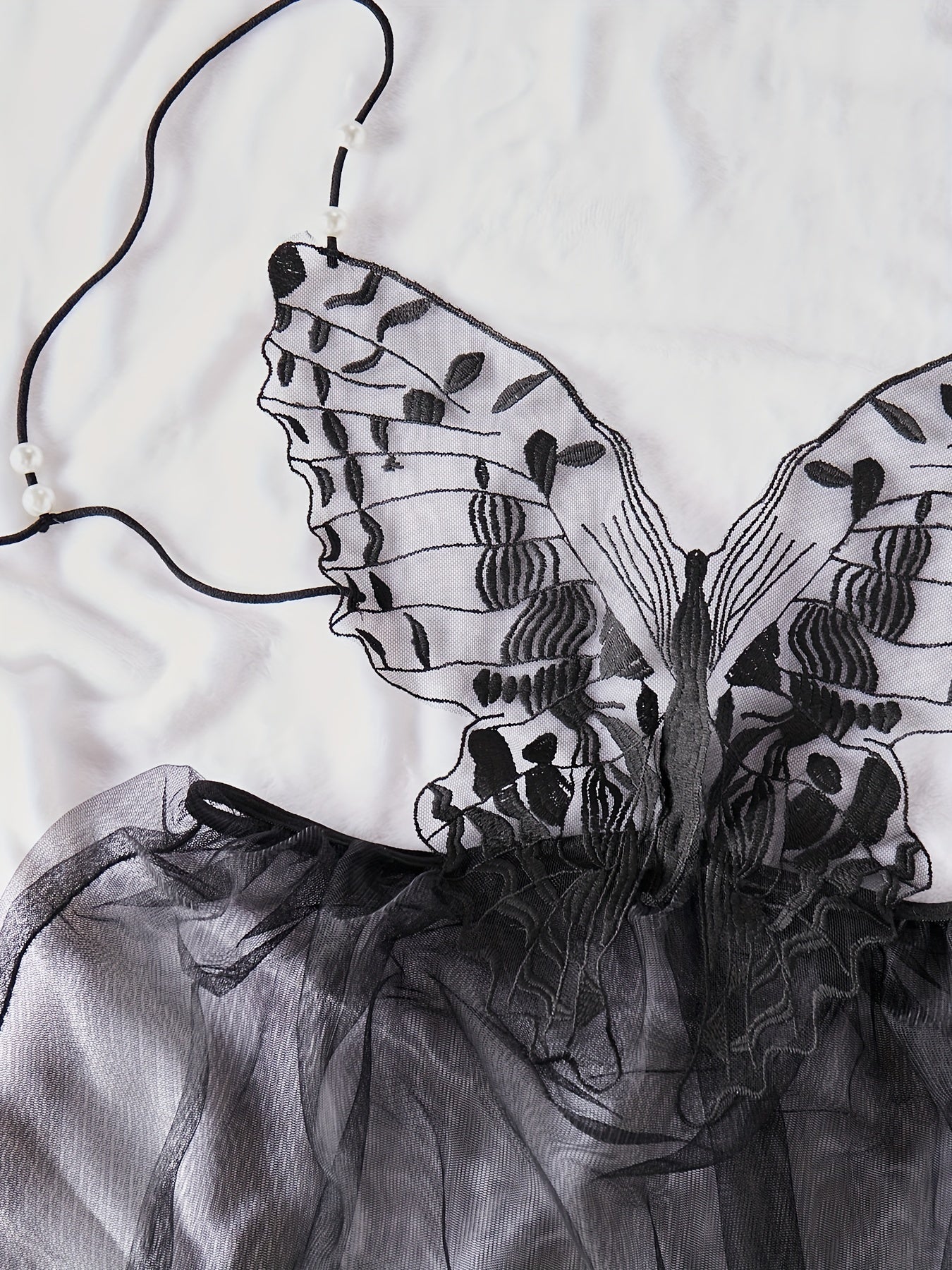 Women’s Sheer Mesh Babydoll Dress with Butterfly Embroidery and Lace-Up Back