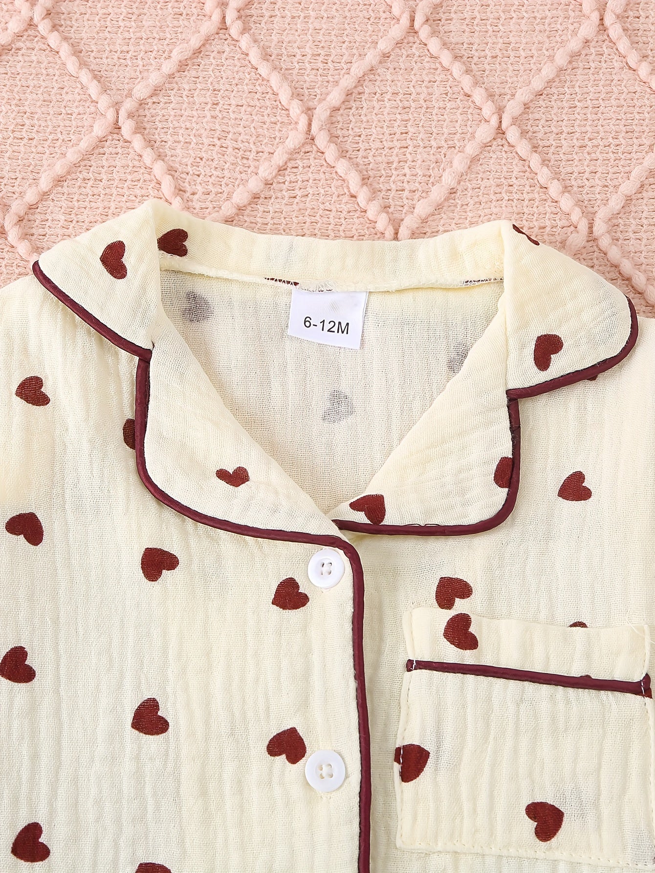 Girls All-Season Cotton Pajama Set with Heart Print Lapel Collar Loose Fit Sleepwear for Over 3 Years