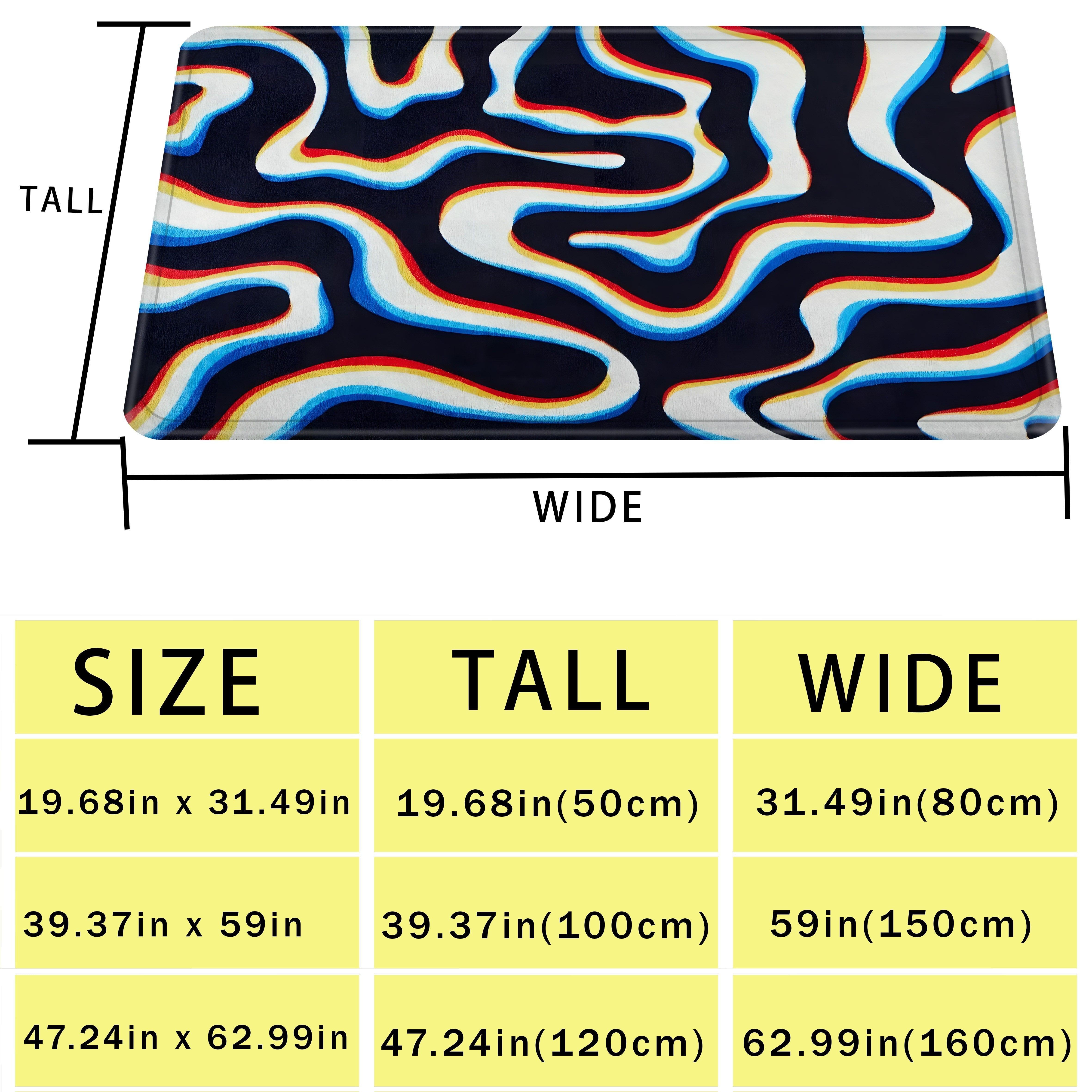 Psixodelik abstrakt to'lqinli soha gilam, yengil, sirg'almas, mashina bilan yuviladigan polyester