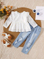 Girls' White Lace Fly Sleeve Top and Ripped Denim Jeans Set for Spring Summer Fall