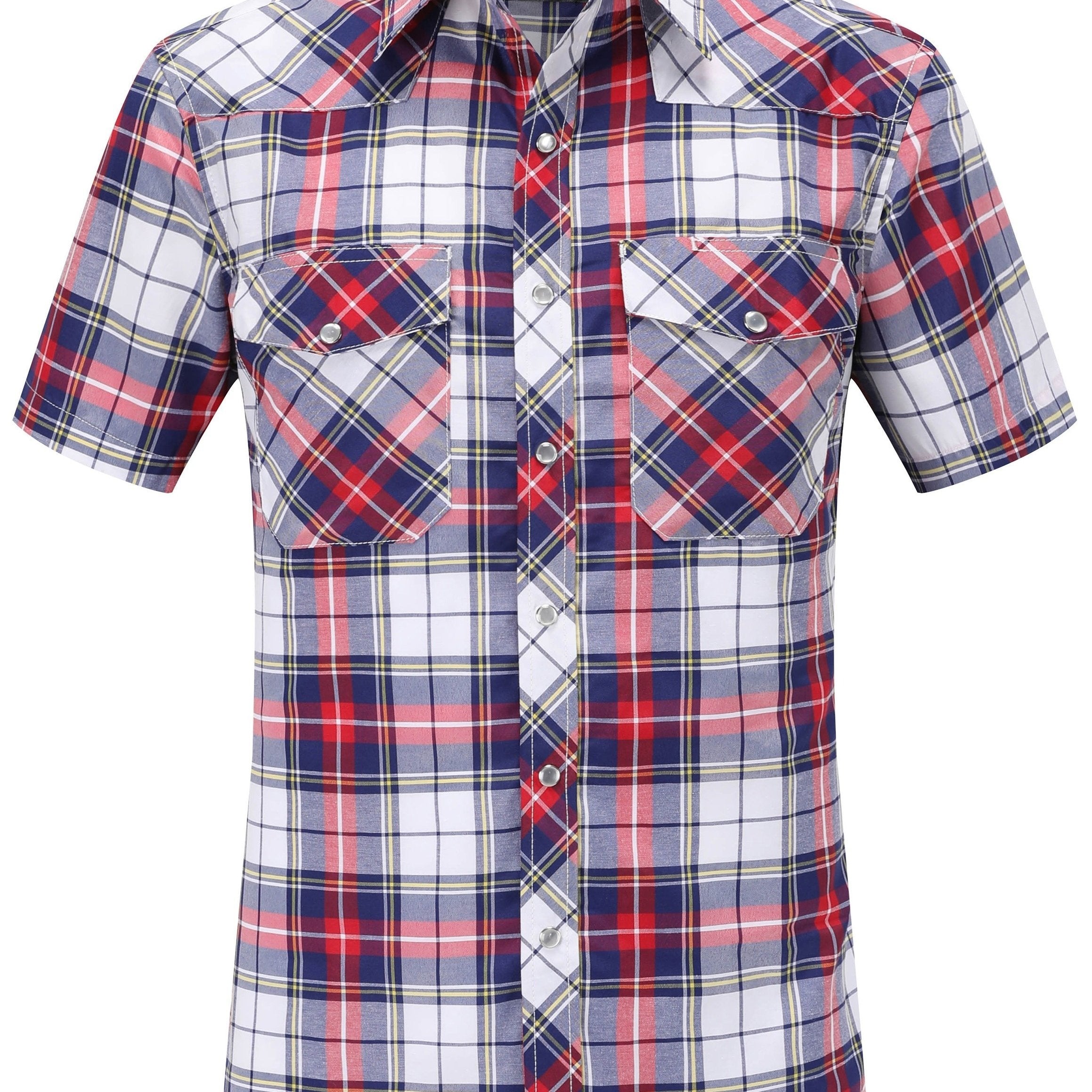 Camisa de verano casual de cuadros para hombre, manga corta, ajuste ajustado, poliéster y algodón, ligera