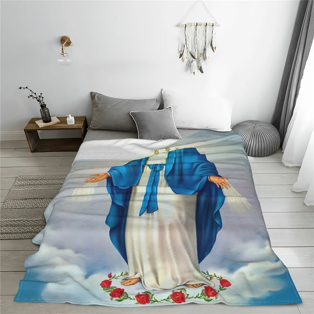 Mary and Guadalupe Themed Fuzzy Flannel Blanket for Sofa and Bed