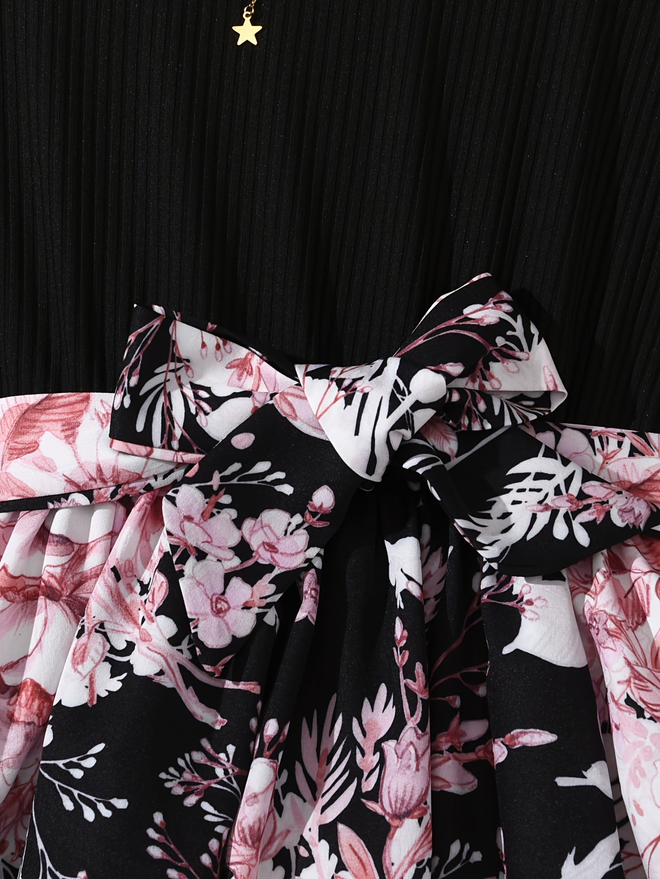 Girls Summer Blue Floral Spliced Knee High Dress with Belt and Short Sleeves