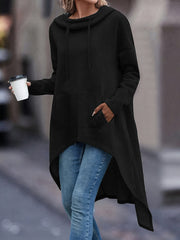 Plus o'lchamli uzun ko'ylakli yuqori pastki bo'yinli hoodie kanguru cho'ntagi bilan