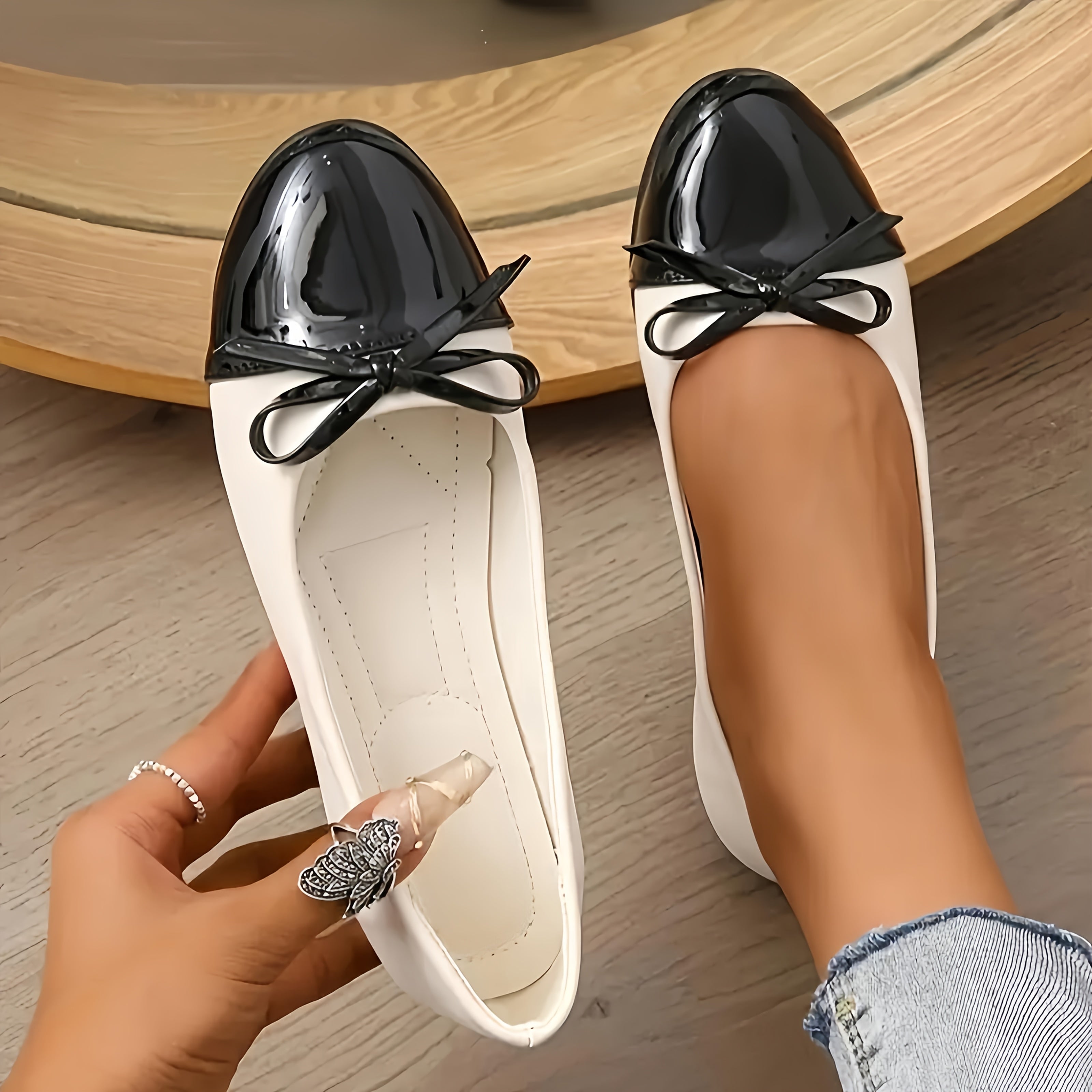 Women's Black TPU Ballet Flats with Bow, Lightweight Slip-On, All-Season