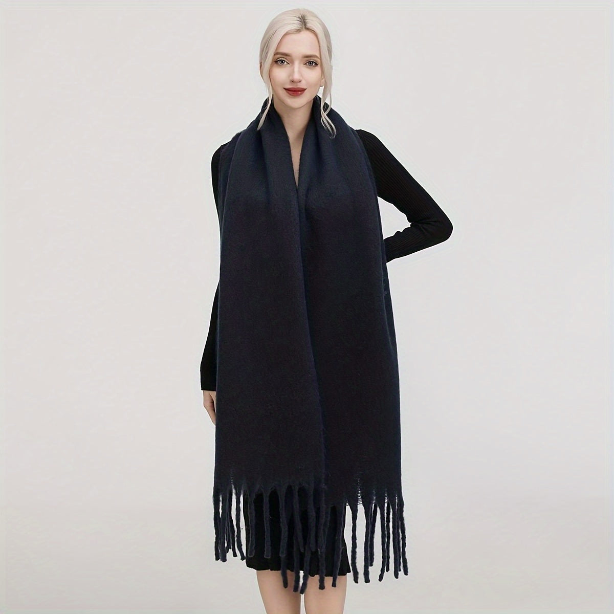 Women's Autumn Winter Solid Color Fringe Scarf Soft Windproof Large Shawl