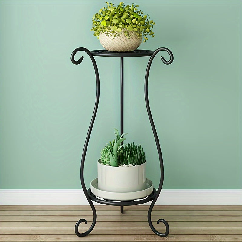 Black 2-Tier Iron Plant Stand Indoor Outdoor Decorative Vines Lightweight Sturdy