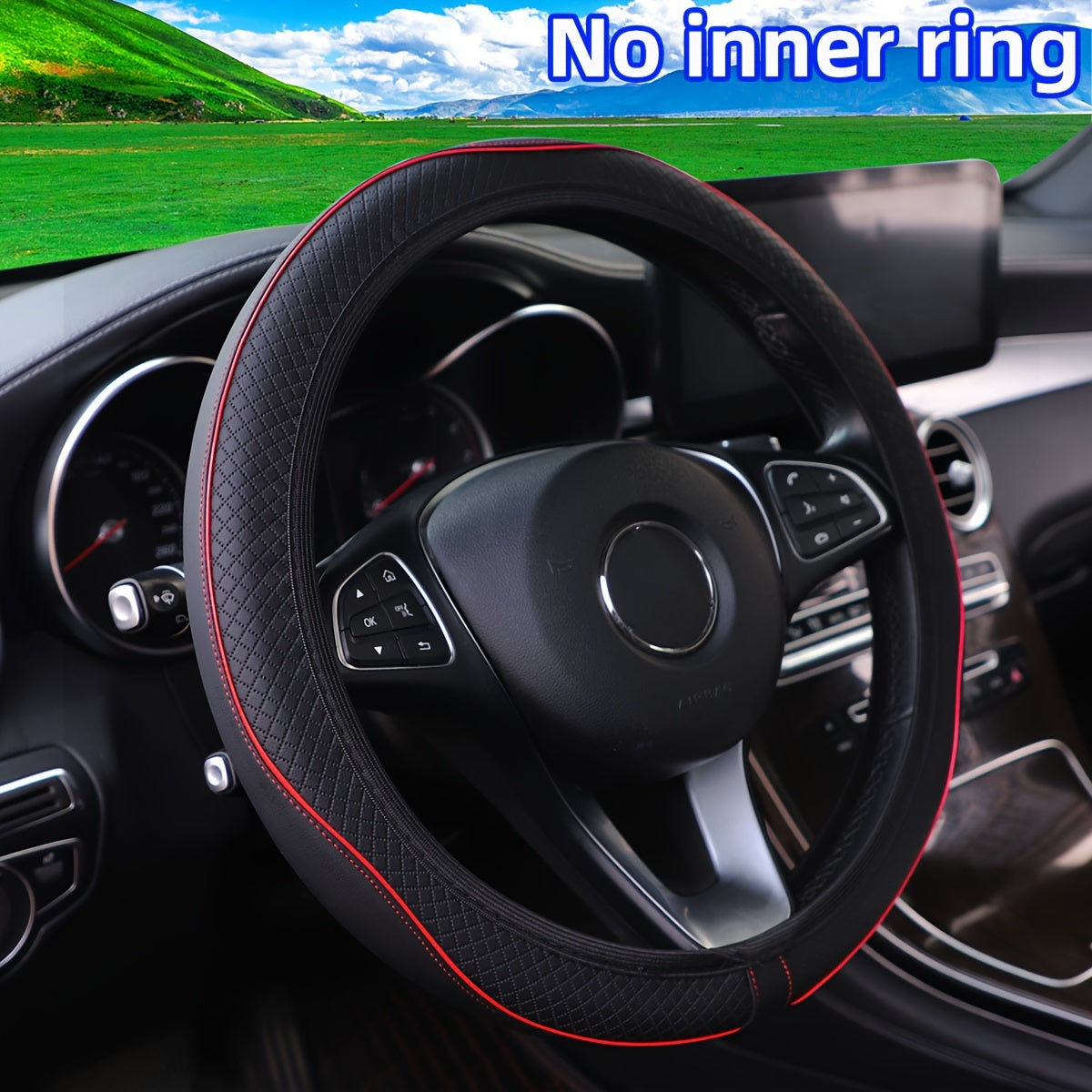 Universal Leather Steering Wheel Cover Non-Slip Black Red Stitching