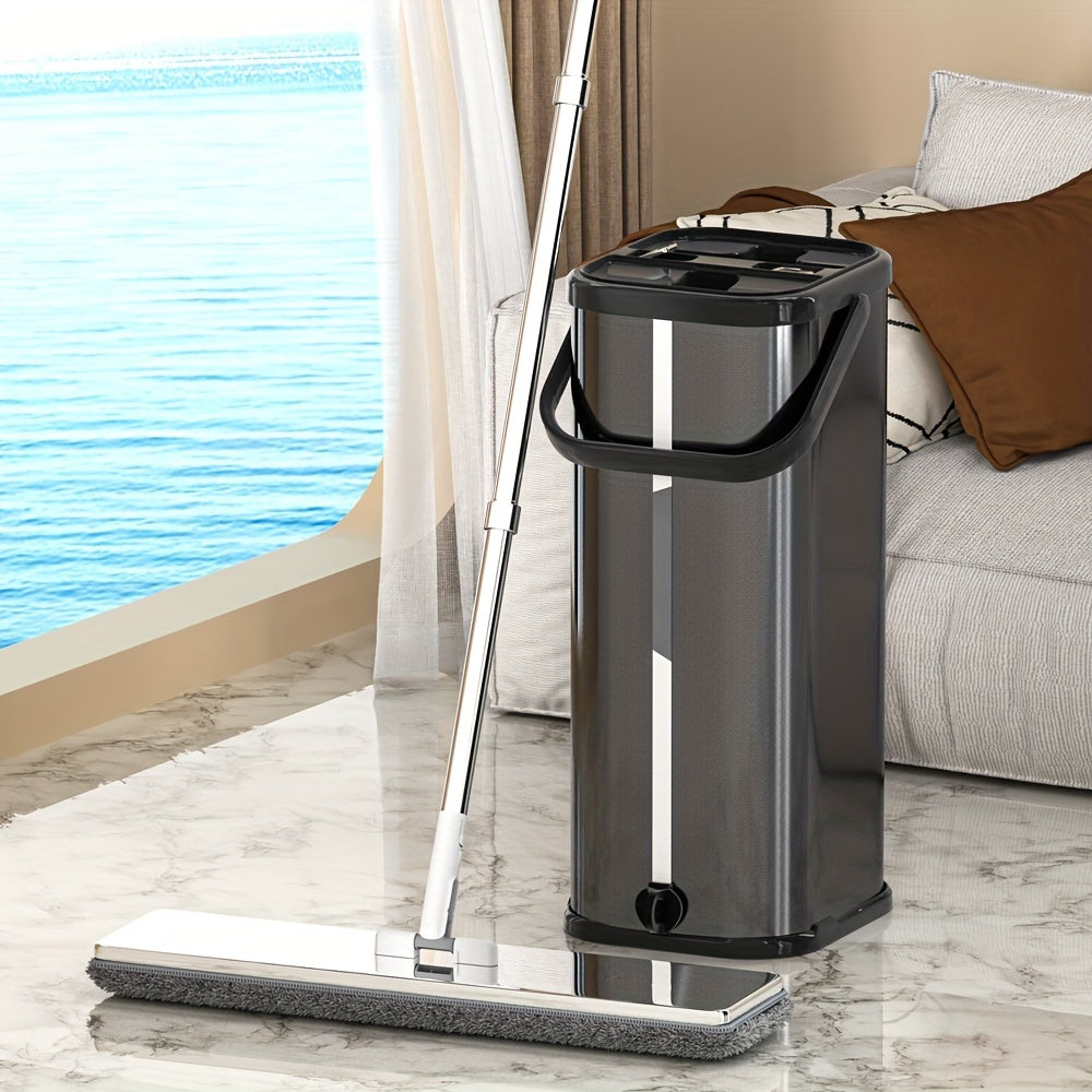 Stainless Steel Flat Mop and Bucket Set with Microfiber Head for Dry Wet Cleaning