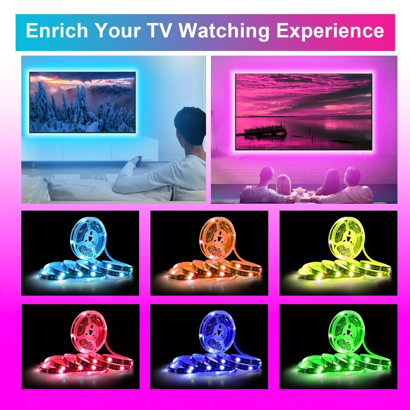 RGB LED TV Backlight Strip Dimmable Multi-Color USB Powered Remote App Control Indoor Lighting 2-5m