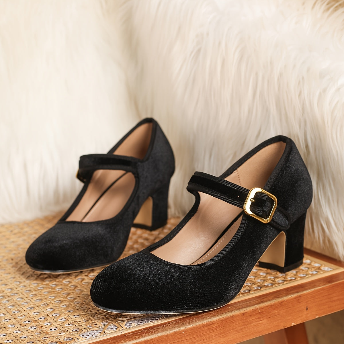 Women Velvet Mary Jane Pumps Adjustable Strap Chunky Heel Brown